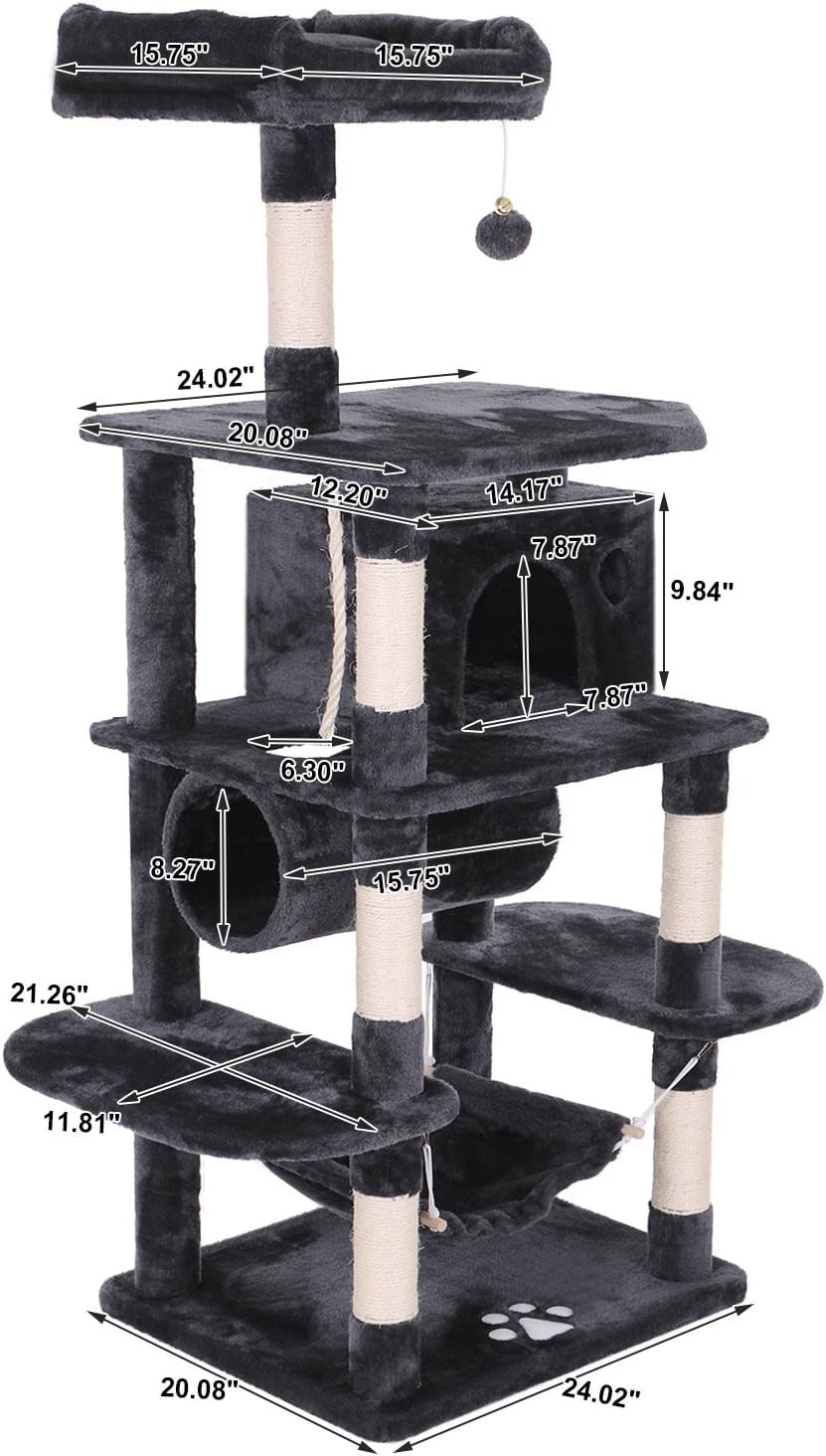 BEWISHOME Cat Tree Condo Furniture Kitten Activity Tower Pet Kitty Play House Playground with Sisal Scratching Posts Perch Hammock Tunnel Grey MMJ02H