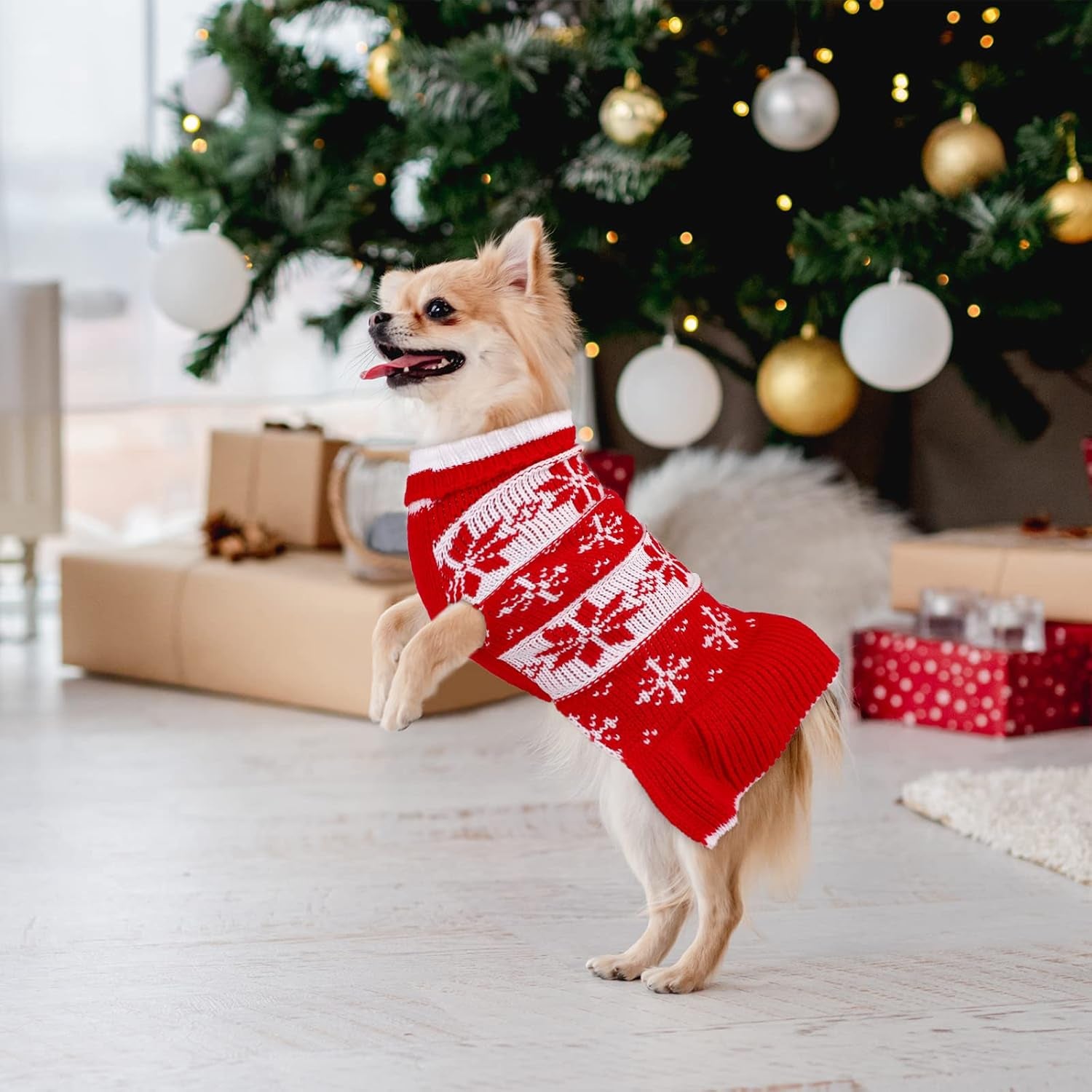 Pedgot 2 Pack Dog Christmas Dress Warm Dog Xmas Sweater Pet Christmas Clothes Stripes Dog Knit Sweater Dress Dog Winter Warm Pullover with Snowflakes and Christmas Flowers (M)
