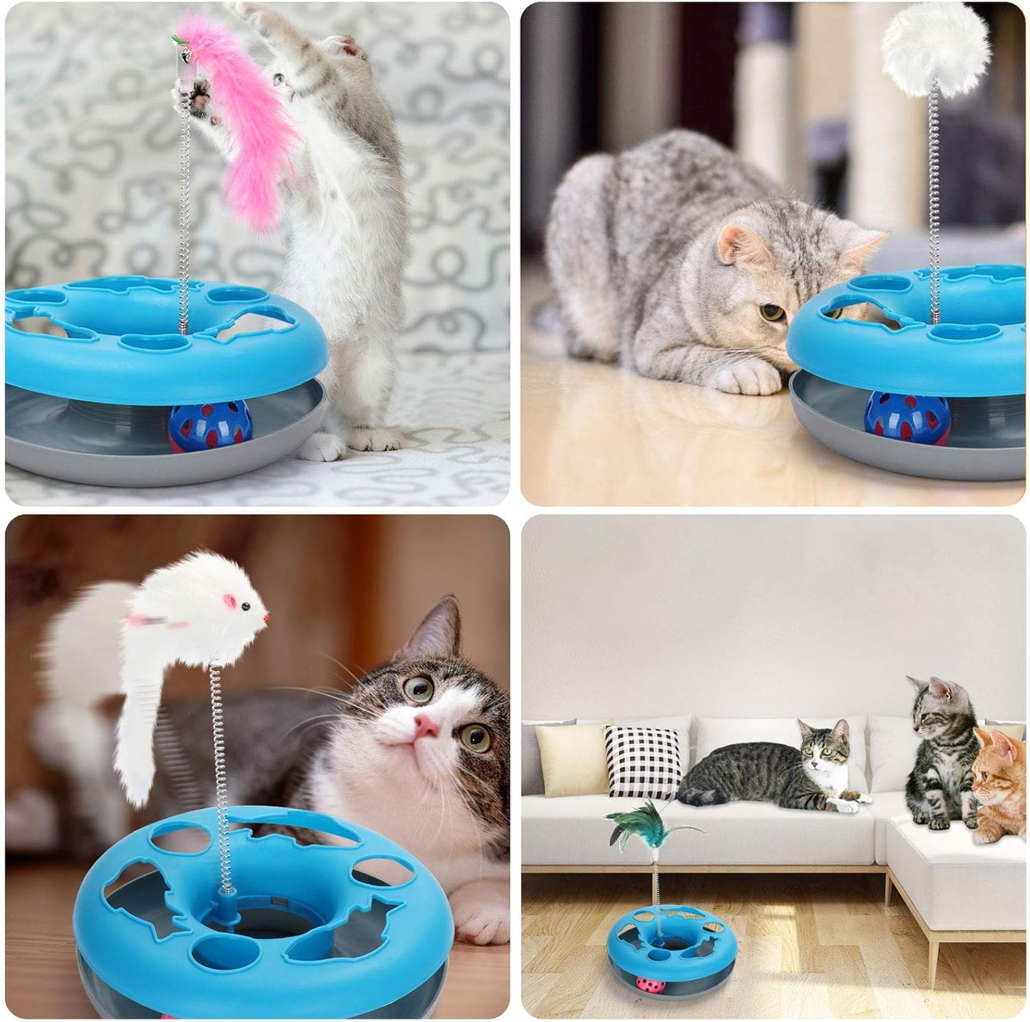 Kangna 3 in 1 Cat Toys, Cat Toys for Indoor Cats, Spring Pet Toy with Exercise Balls Teaser Mouse, Interactive Cat Toy with 5 Removable Spring Replacements - Blue
