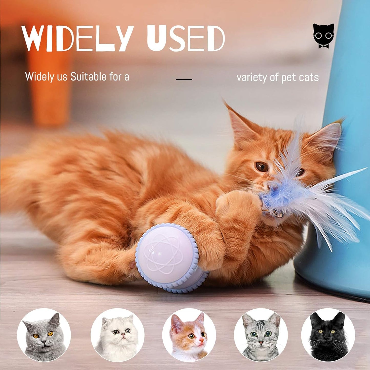 Automatic Cat Feather Toy, AMAMIA Interactive Indoor Electronic Irregular 360° Rotating Ball Rotating Cat Wheel Toys with LED Light, USB Rechargeable and Feather Replaceable (Blue)