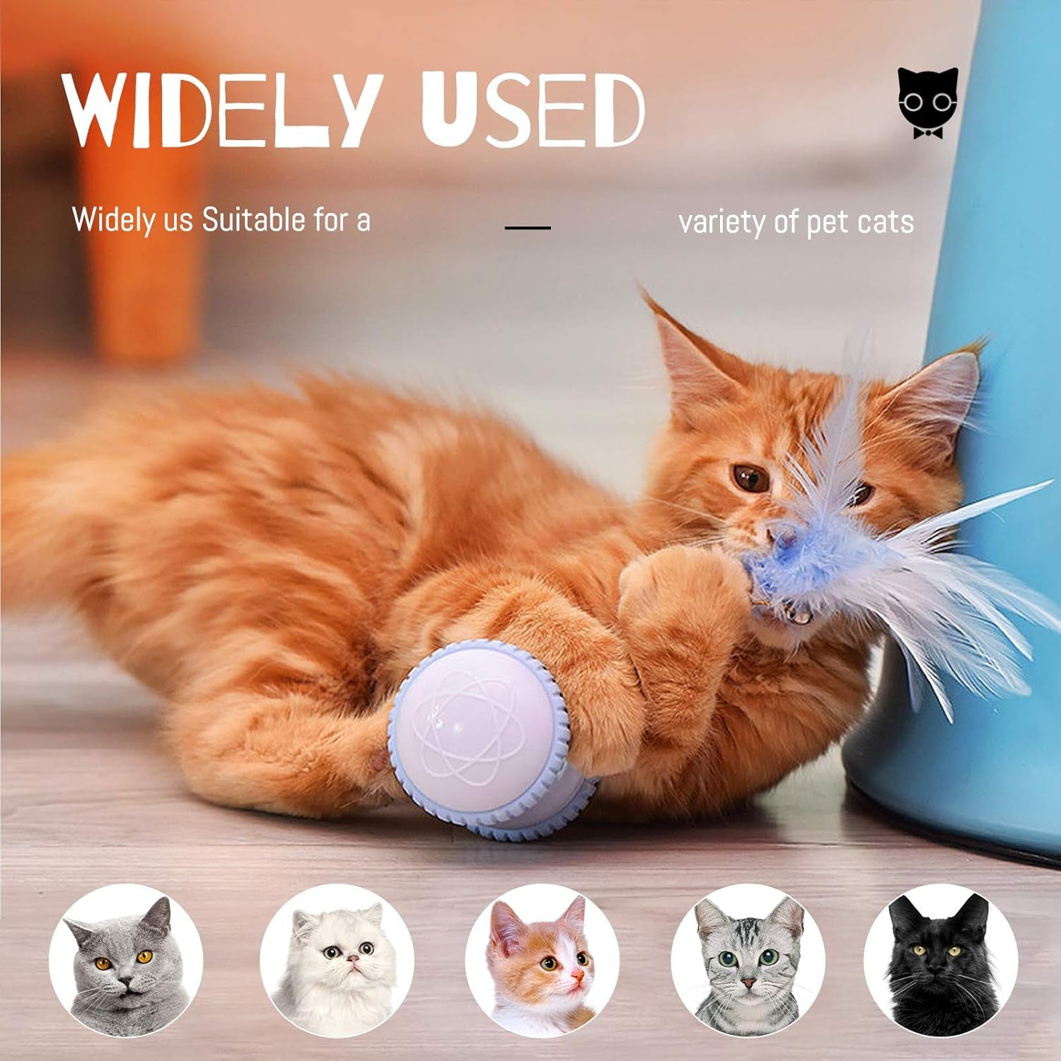 Automatic Cat Feather Toy, AMAMIA Interactive Indoor Electronic Irregular 360° Rotating Ball Rotating Cat Wheel Toys with LED Light, USB Rechargeable and Feather Replaceable (Blue)