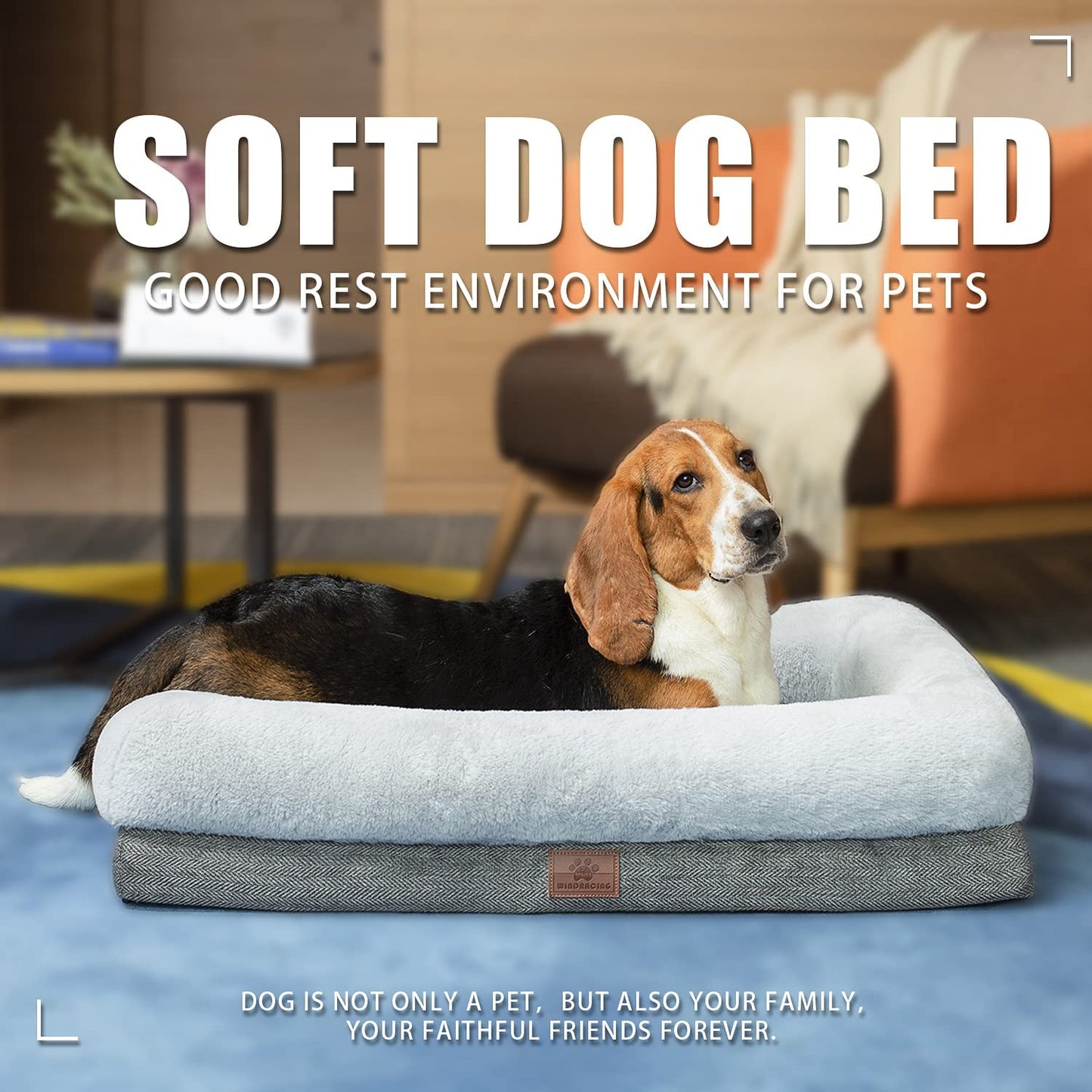 WINDRACING Orthopedic Dog Bed for Extra Large Dogs, Bolster Sides Dogs Sofa Bed with Removable Washable Cover & Non-Skid Bottom, Soft Pet Bed with Egg Foam Dog Couch for Sleeping, 46 X 30 Inch, Gray