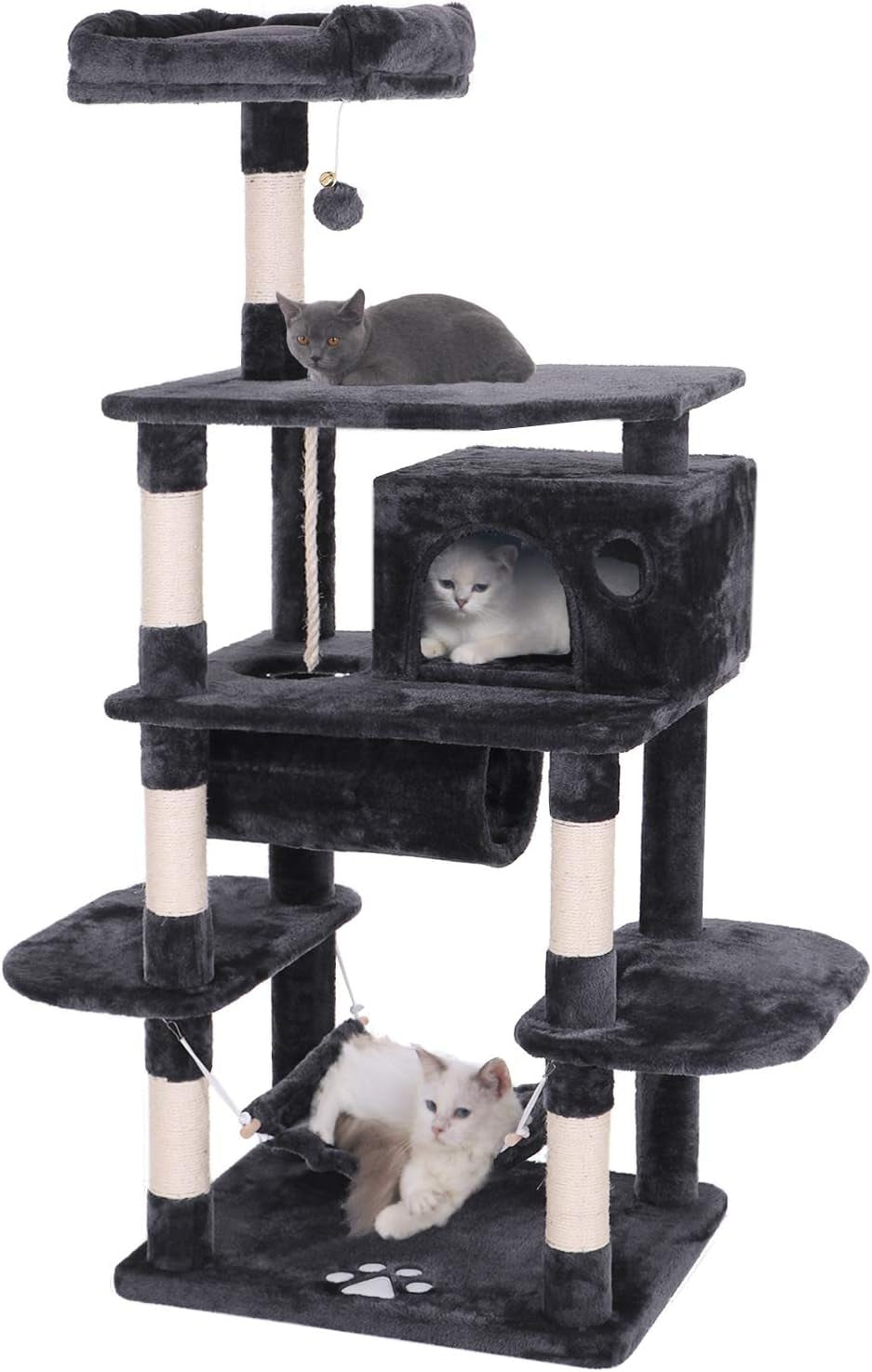 BEWISHOME Cat Tree Condo Furniture Kitten Activity Tower Pet Kitty Play House Playground with Sisal Scratching Posts Perch Hammock Tunnel Grey MMJ02H