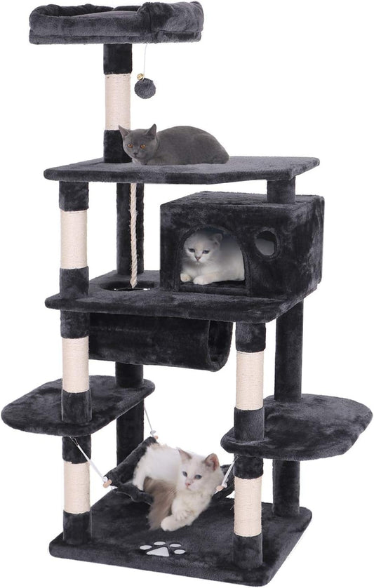 BEWISHOME Cat Tree Condo Furniture Kitten Activity Tower Pet Kitty Play House Playground with Sisal Scratching Posts Perch Hammock Tunnel Grey MMJ02H