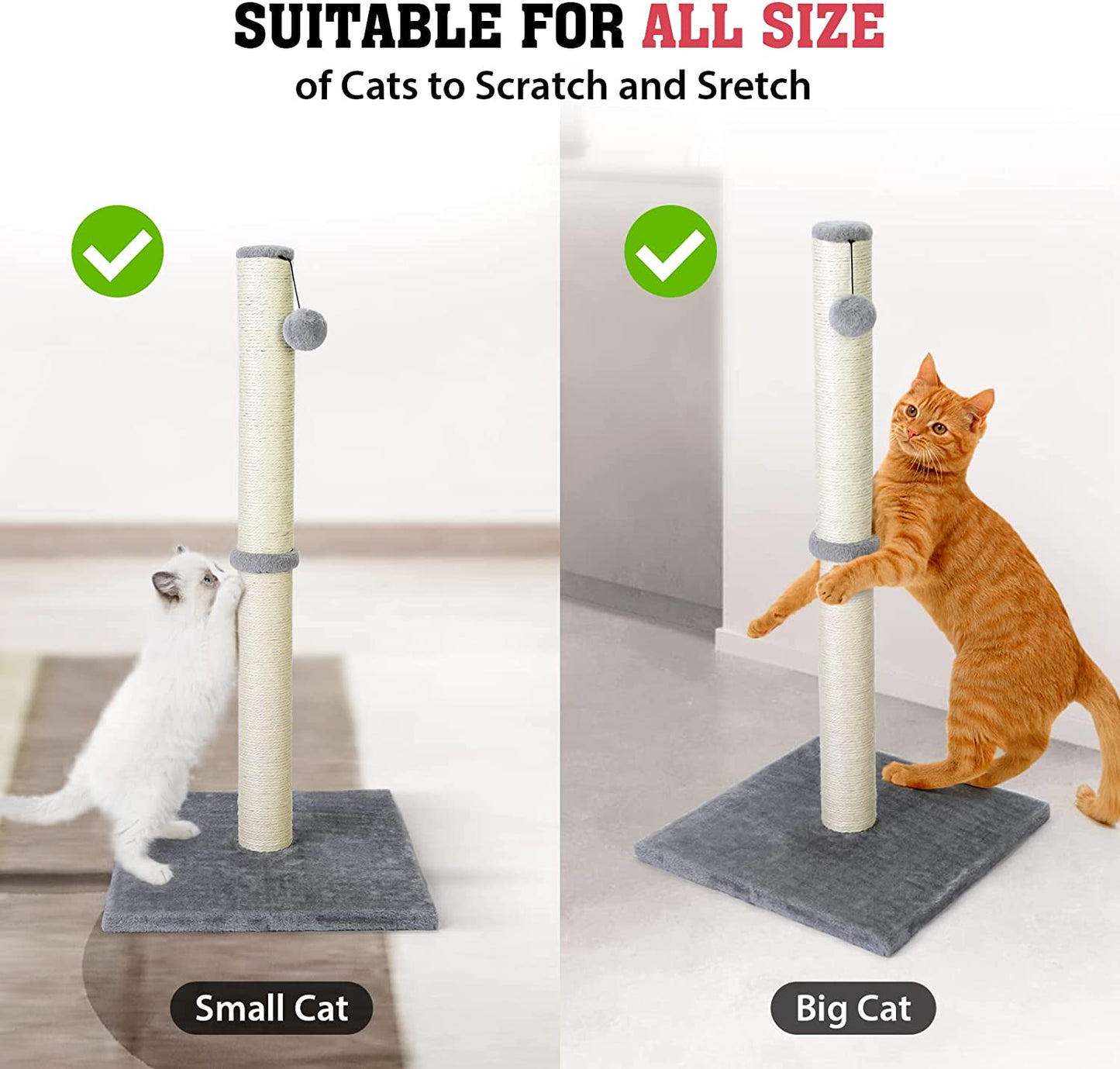Petellow 31'' Tall Cat Scratching Post - Cat Claw Scratcher with Hanging Ball - Scratching Posts for Indoor Large Cats - Durable Stable Cat Furniture with Sisal Rope - Cat Scratch Post-Grey