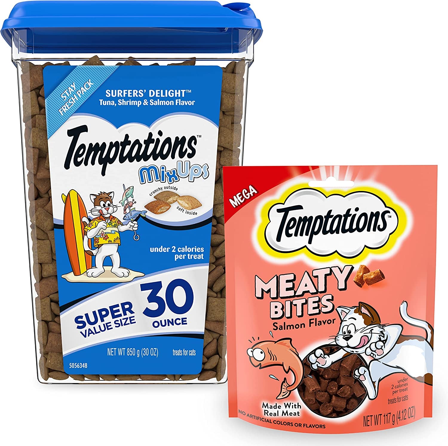 TEMPTATIONS Bundle Pack | Mixups Crunchy and Soft Cat Treats, Surfer'S Delight Flavor, 30 Oz. Tub + Temptations Meaty Bites, Soft and Savory Cat Treats, Salmon Flavor, 4.12 Oz. Pouch