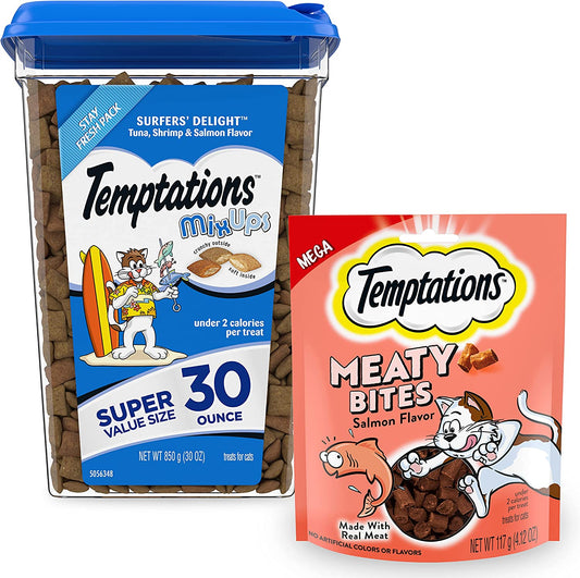 TEMPTATIONS Bundle Pack | Mixups Crunchy and Soft Cat Treats, Surfer'S Delight Flavor, 30 Oz. Tub + Temptations Meaty Bites, Soft and Savory Cat Treats, Salmon Flavor, 4.12 Oz. Pouch