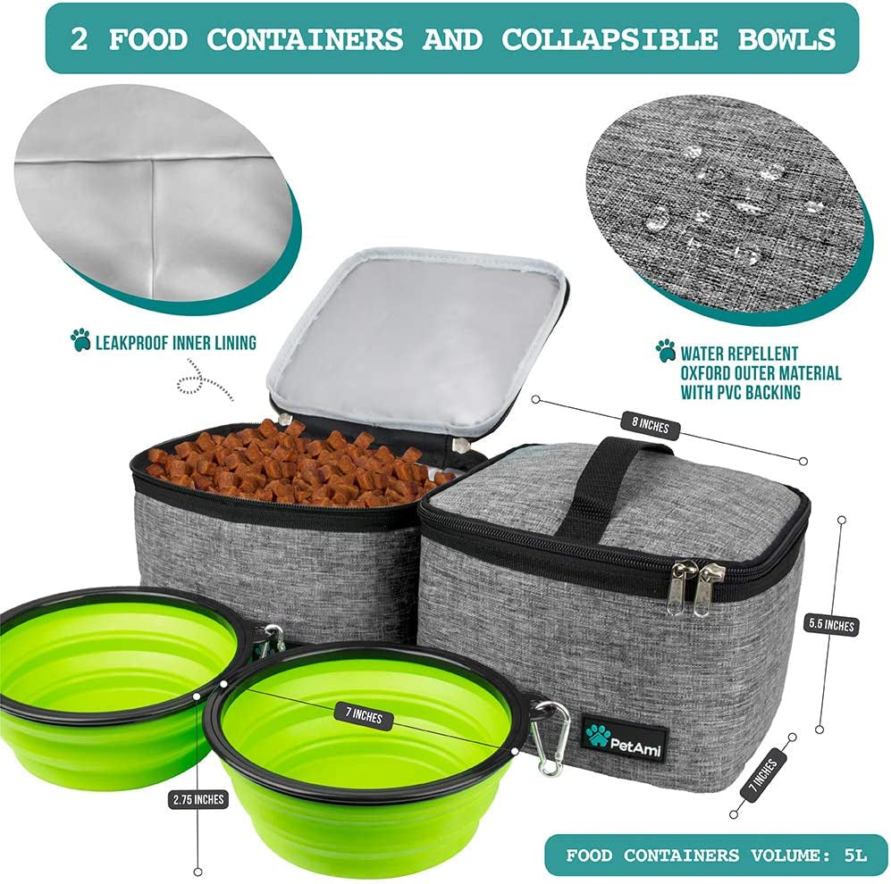Petami Dog Travel Bag, Travel Pet Bag Organizer, Dog Food Travel Bag with Food Container and Bowls, Dog Travel Supplies Gift Accessories for Weekend Camping, Dog Cat Diaper Bag (Grey, Large)