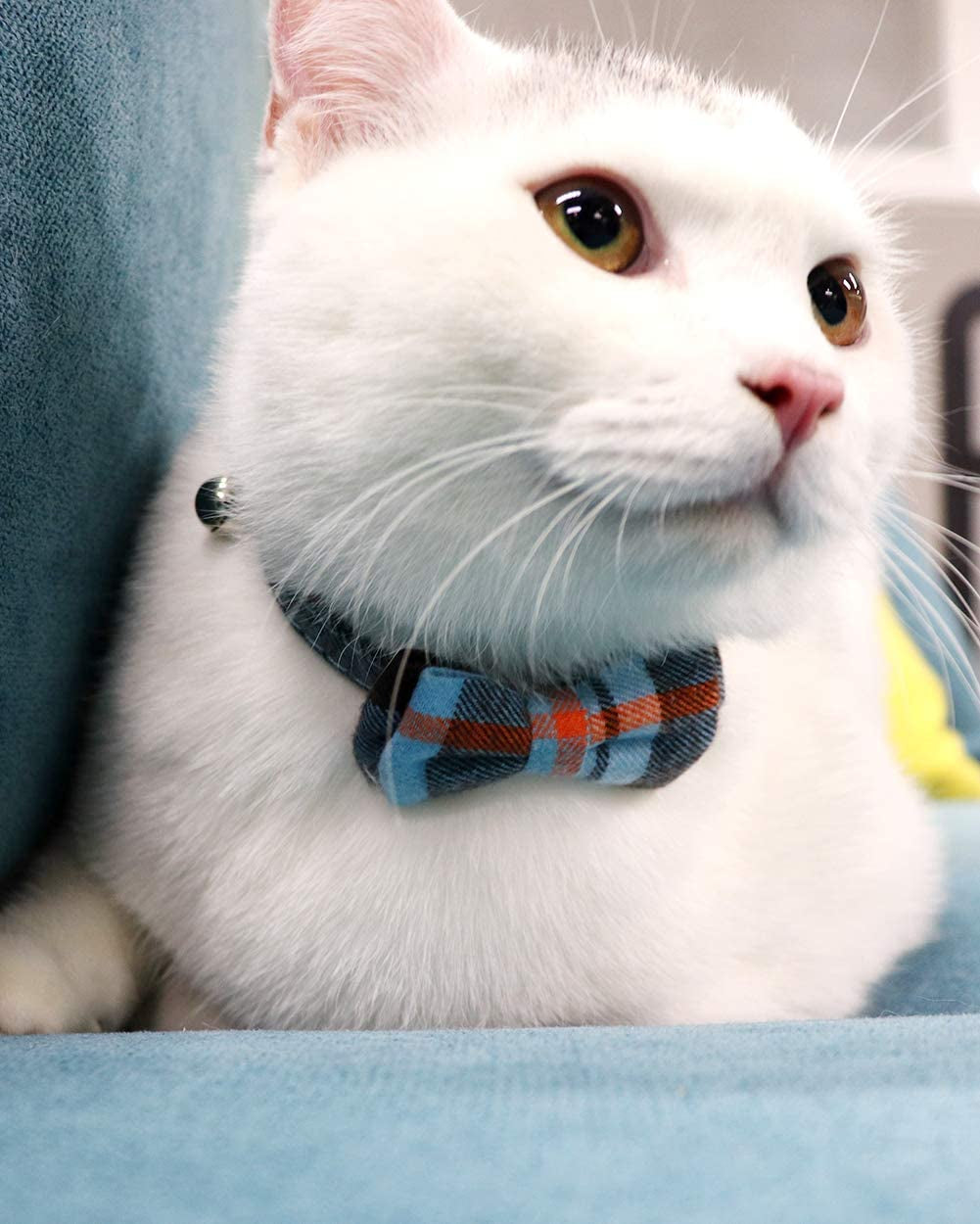 Joytale Upgraded Cat Collar with Bells, Breakaway Cat Collars with Bow Tie, 1 Pack Girl Boy Safety Plaid Kitten Collars, Haze Blue