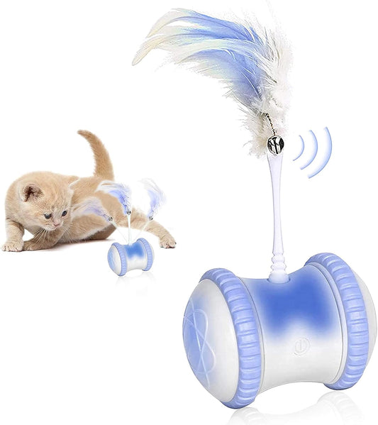 Automatic Cat Feather Toy, AMAMIA Interactive Indoor Electronic Irregular 360° Rotating Ball Rotating Cat Wheel Toys with LED Light, USB Rechargeable and Feather Replaceable (Blue)