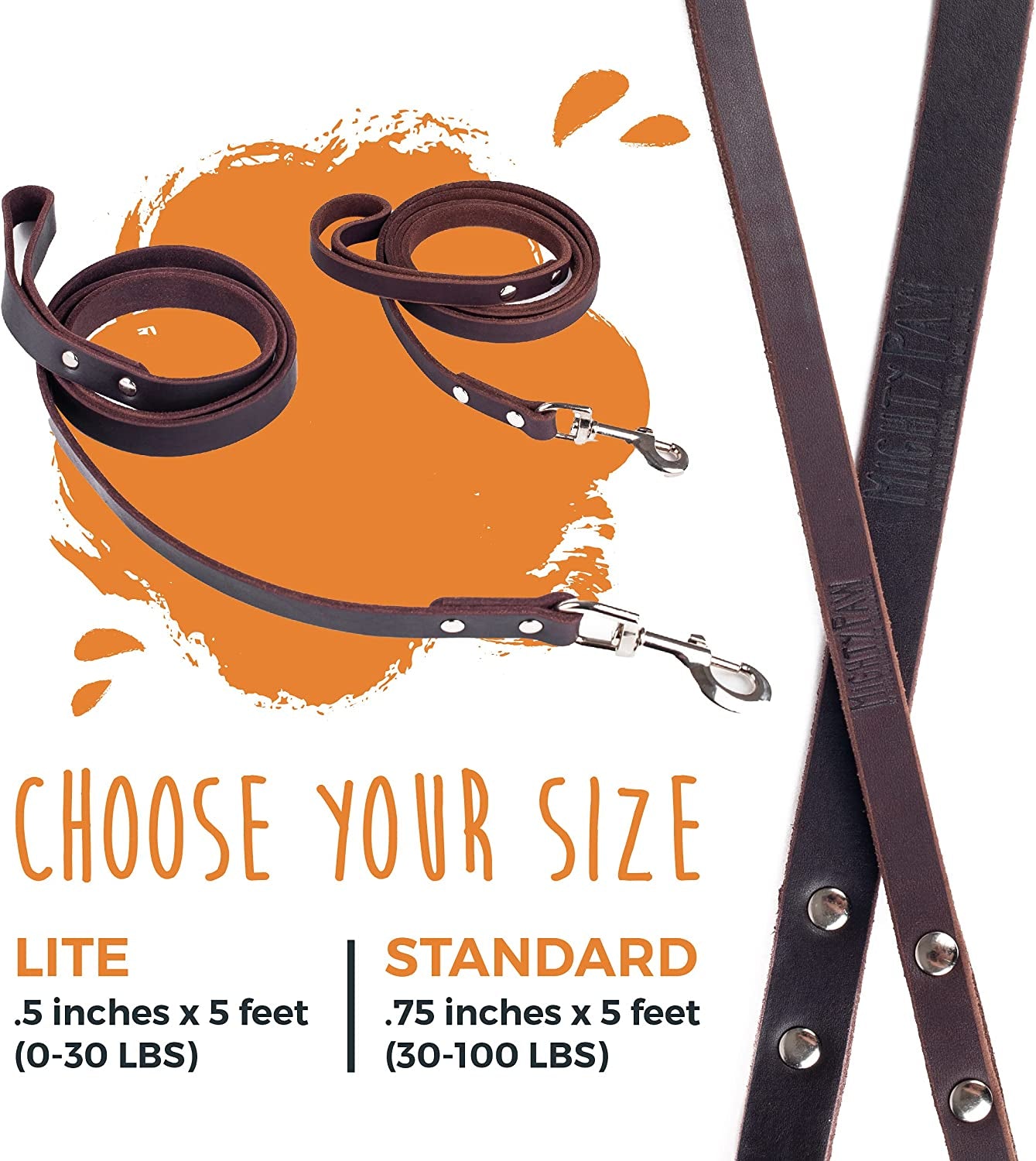 Mighty Paw Leather Dog Leash - Genuine Distressed Material - Premium - Suitable for All Pet Sizes - Heavy Duty Dogs Leashes - Modern - Dark