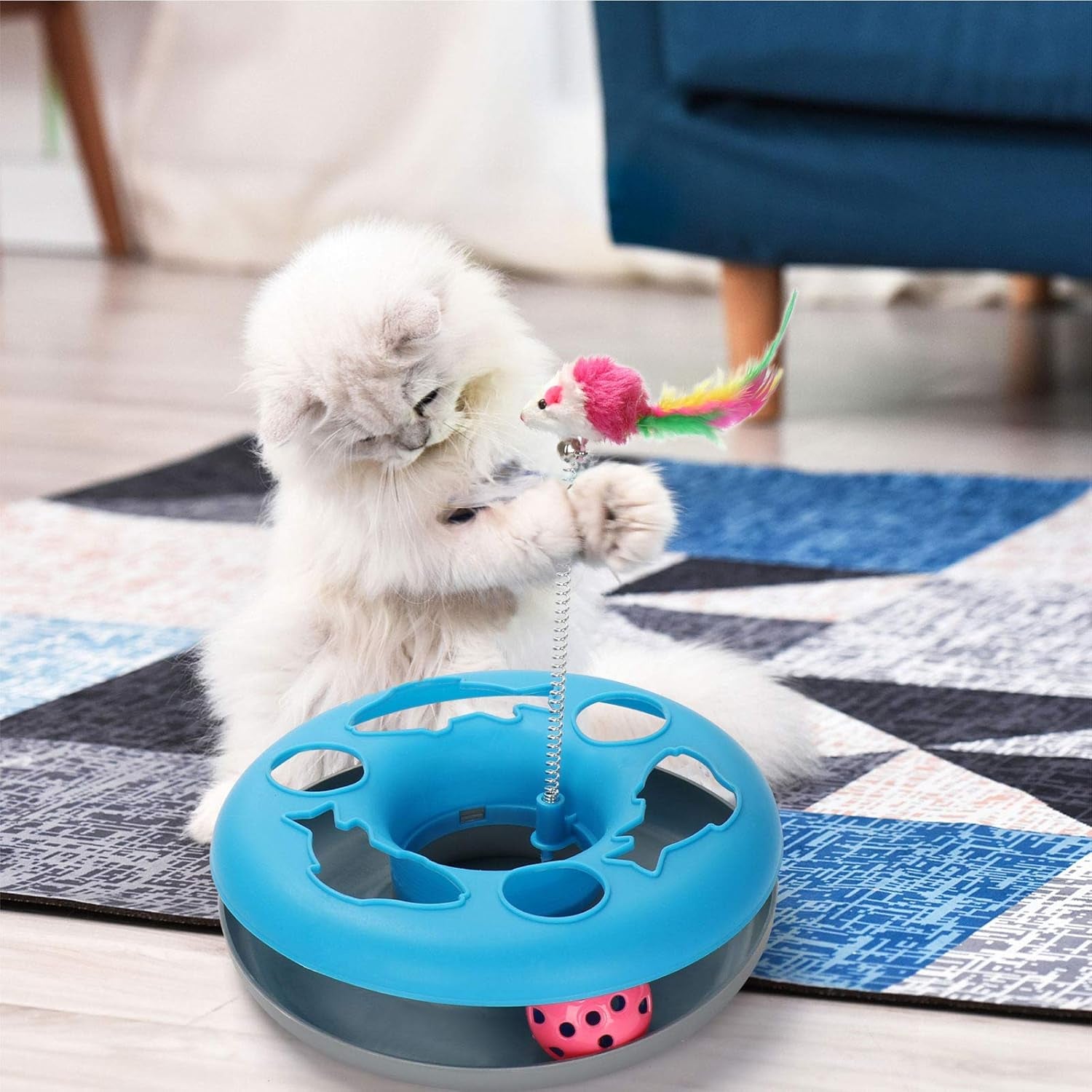 Kangna 3 in 1 Cat Toys, Cat Toys for Indoor Cats, Spring Pet Toy with Exercise Balls Teaser Mouse, Interactive Cat Toy with 5 Removable Spring Replacements - Blue