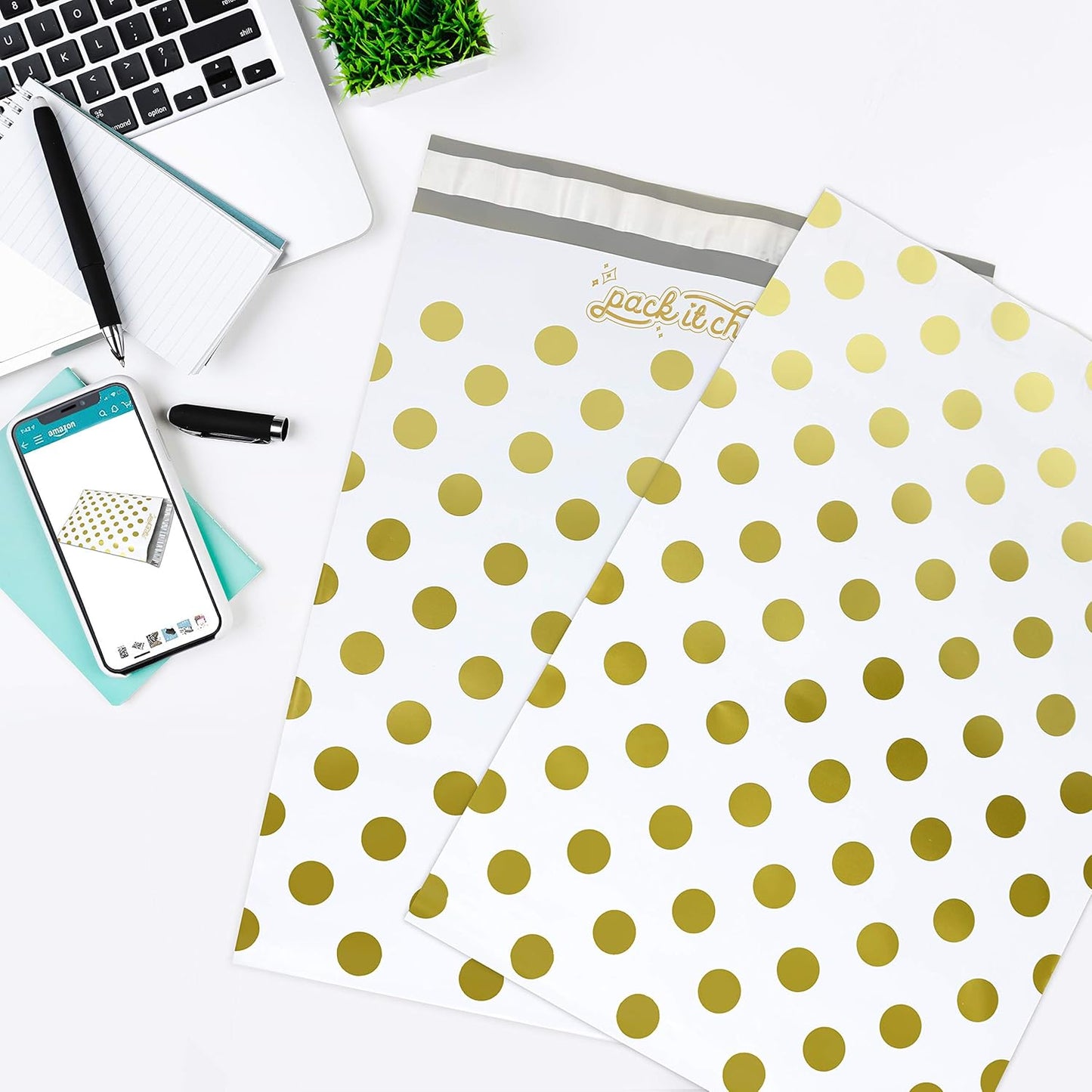 Pack It Chic - 10X13 (100 Pack) Gold Polka Dot Poly Mailer Envelope Plastic Custom Mailing & Shipping Bags - Self Seal