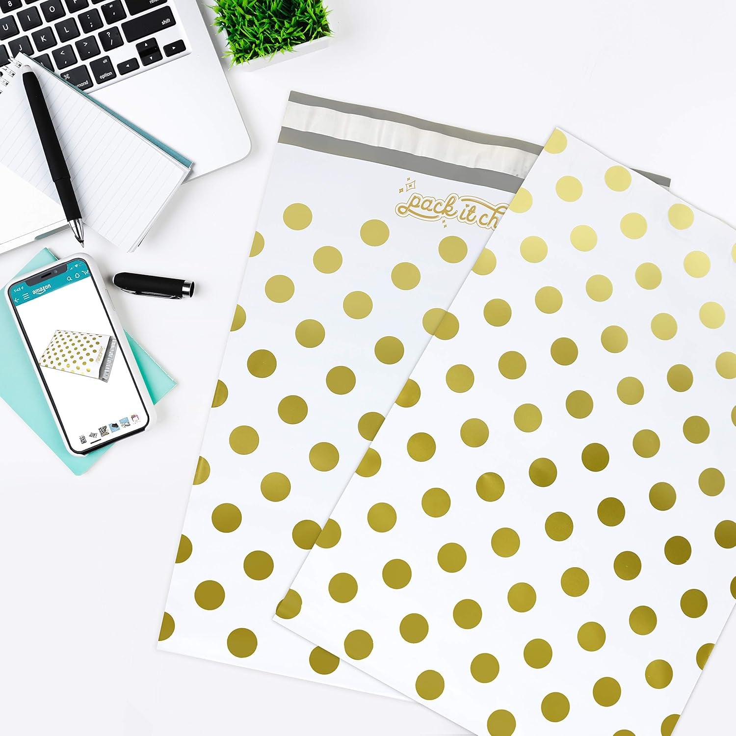 Pack It Chic - 10X13 (100 Pack) Gold Polka Dot Poly Mailer Envelope Plastic Custom Mailing & Shipping Bags - Self Seal