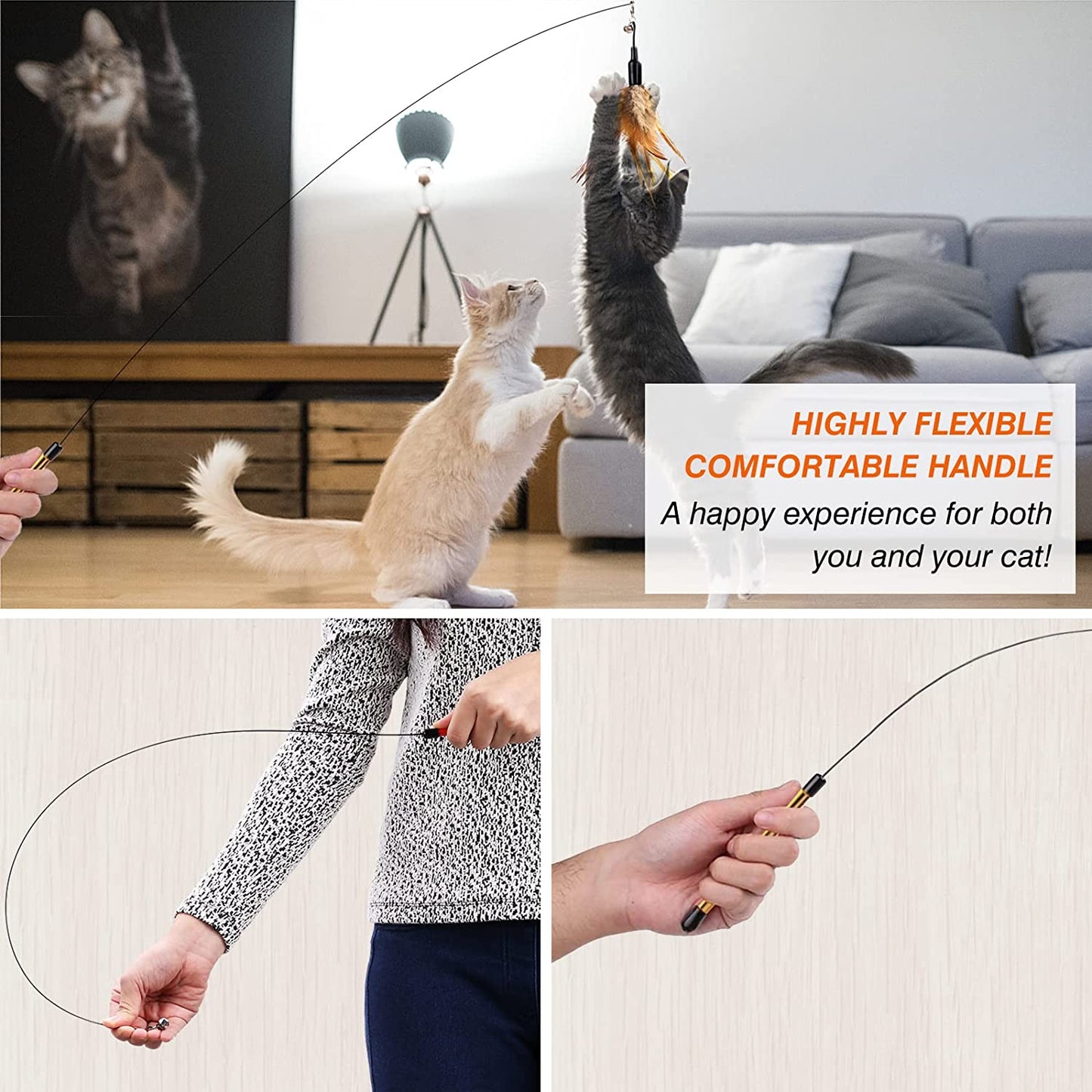 Pawaboo Feather Teaser Cat Toy - Interactive Wand with Extra Long 34.5" Wand and Small Bell, Fun Exerciser Playing Toy for Kittens or Cats, Brown Feather