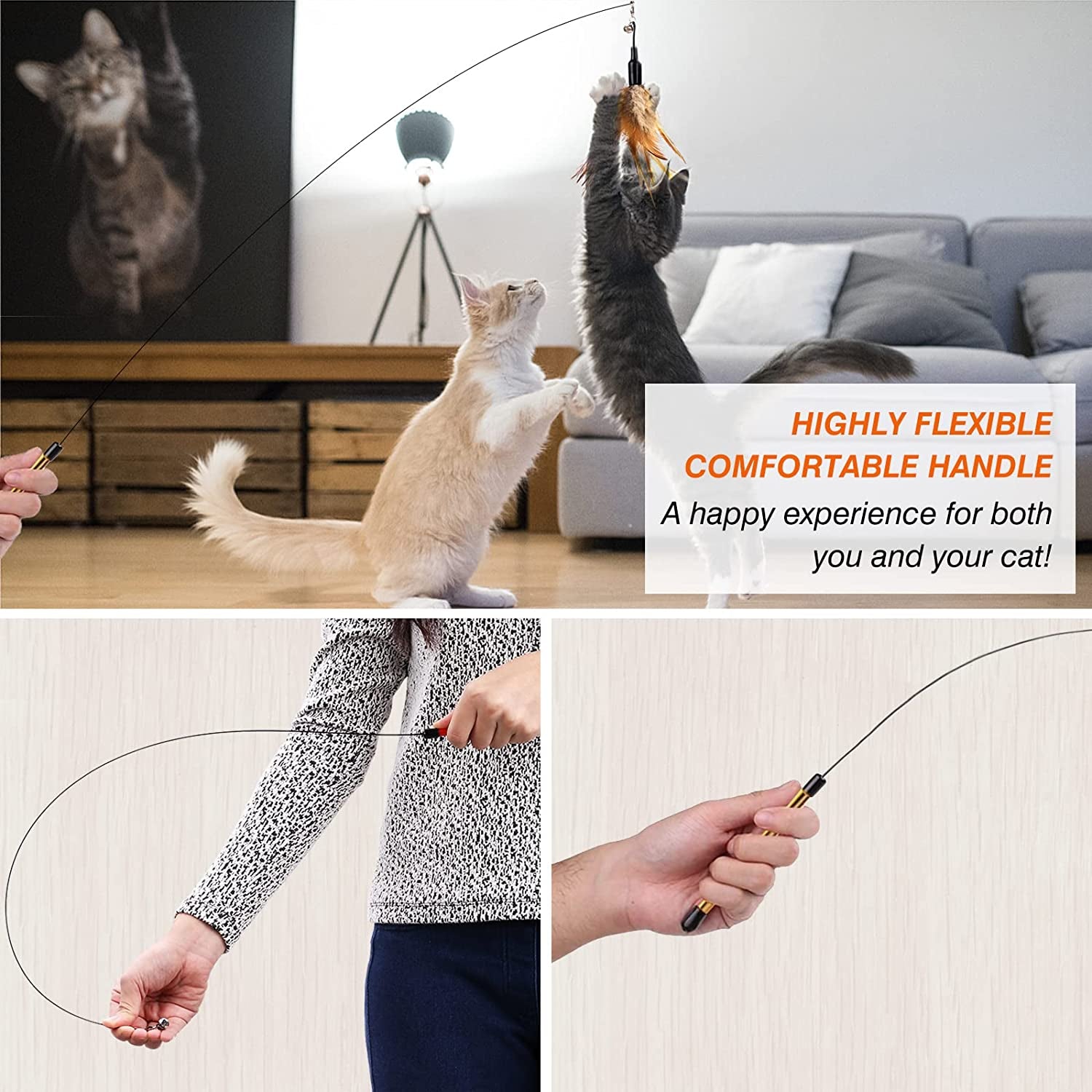 Pawaboo Feather Teaser Cat Toy - Interactive Wand with Extra Long 34.5" Wand and Small Bell, Fun Exerciser Playing Toy for Kittens or Cats, Brown Feather