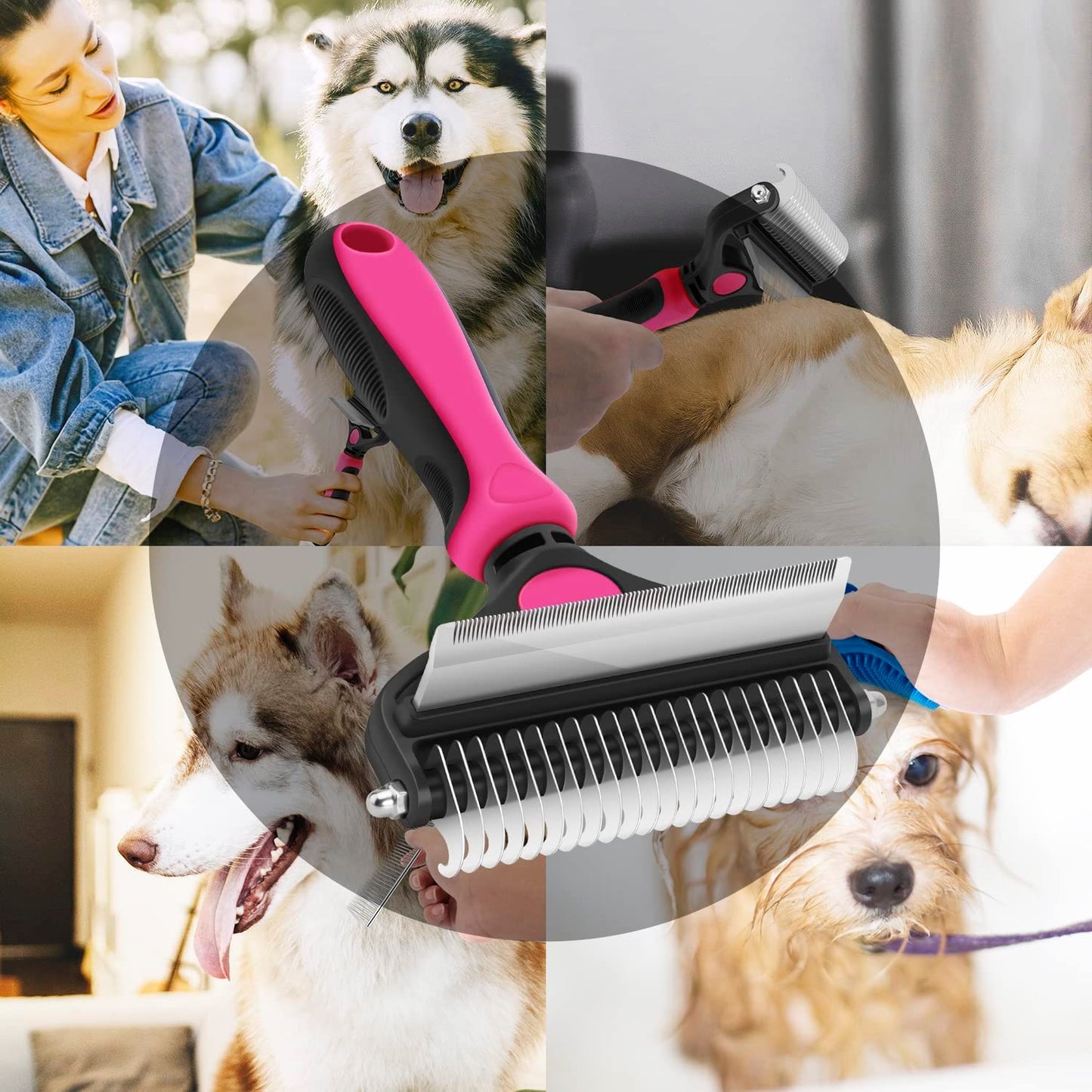CGBE Dog Brush and Cat Brush, 2 in 1 Pet Undercoat Rake Grooming Tool for Deshedding, Mats & Tangles Removing, Shedding Brush and Dematting Comb for Large Small Dogs & Cats' Long & Short Hair Remover