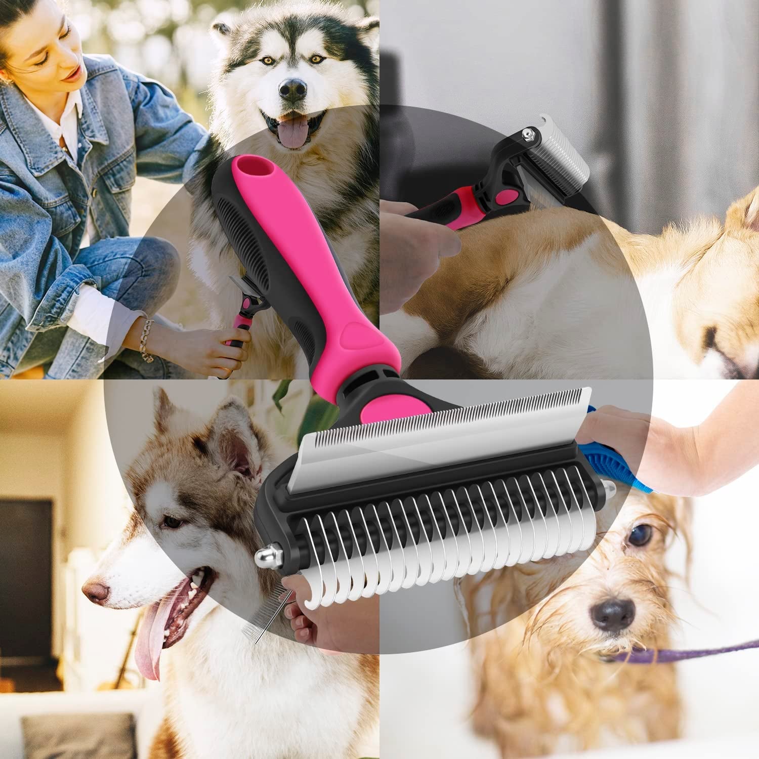 CGBE Dog Brush and Cat Brush, 2 in 1 Pet Undercoat Rake Grooming Tool for Deshedding, Mats & Tangles Removing, Shedding Brush and Dematting Comb for Large Small Dogs & Cats' Long & Short Hair Remover