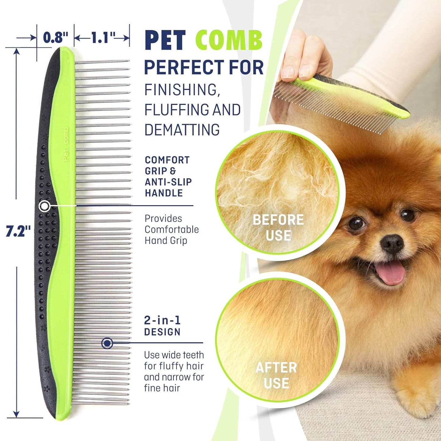 REXIPETS Dog & Cat Brush & Comb Pet Grooming Set - Double Side (Large) - Ultimate Deshedding Tool - Lice and Flea Removing - Perfect Groomer'S Tools - Strong Grip and Soft Bristles