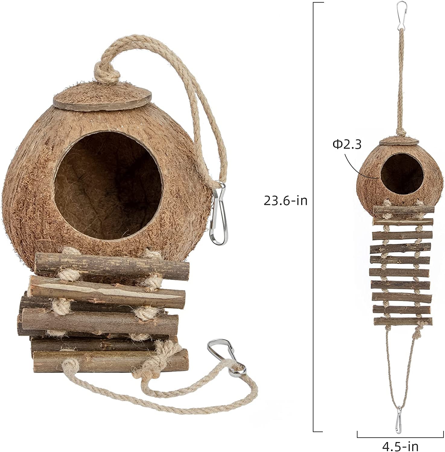 Niteangel Natural Coconut Hideaway with Ladder, Bird and Small Animal Toy (House with Ladder, Natural Surface)