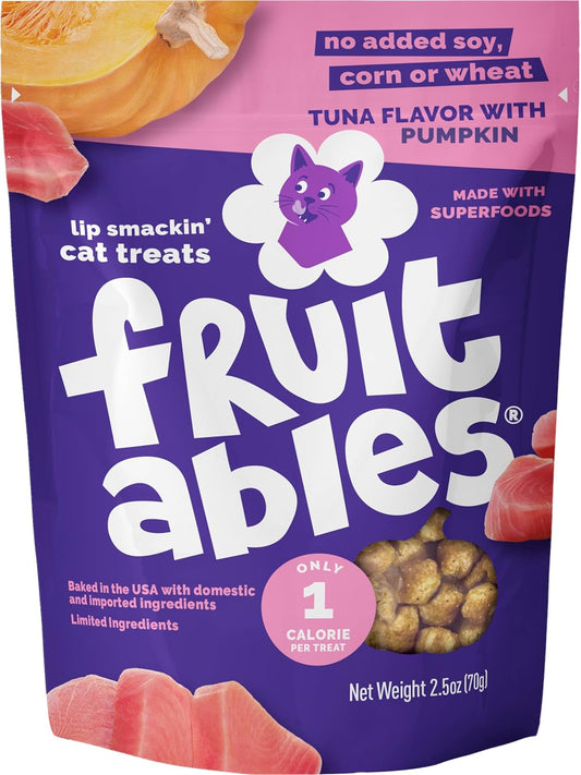 Fruitables Cat Treats, Healthy Treats for Cats, Low Calorie and Packed with Protein, Crunchy Biscuits, No Wheat, Corn or Soy, Made with Real Tuna and Pumpkin, 2.5Oz