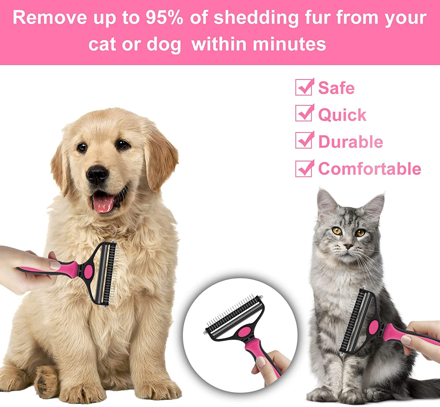 CGBE Dog Brush and Cat Brush, 2 in 1 Pet Undercoat Rake Grooming Tool for Deshedding, Mats & Tangles Removing, Shedding Brush and Dematting Comb for Large Small Dogs & Cats' Long & Short Hair Remover