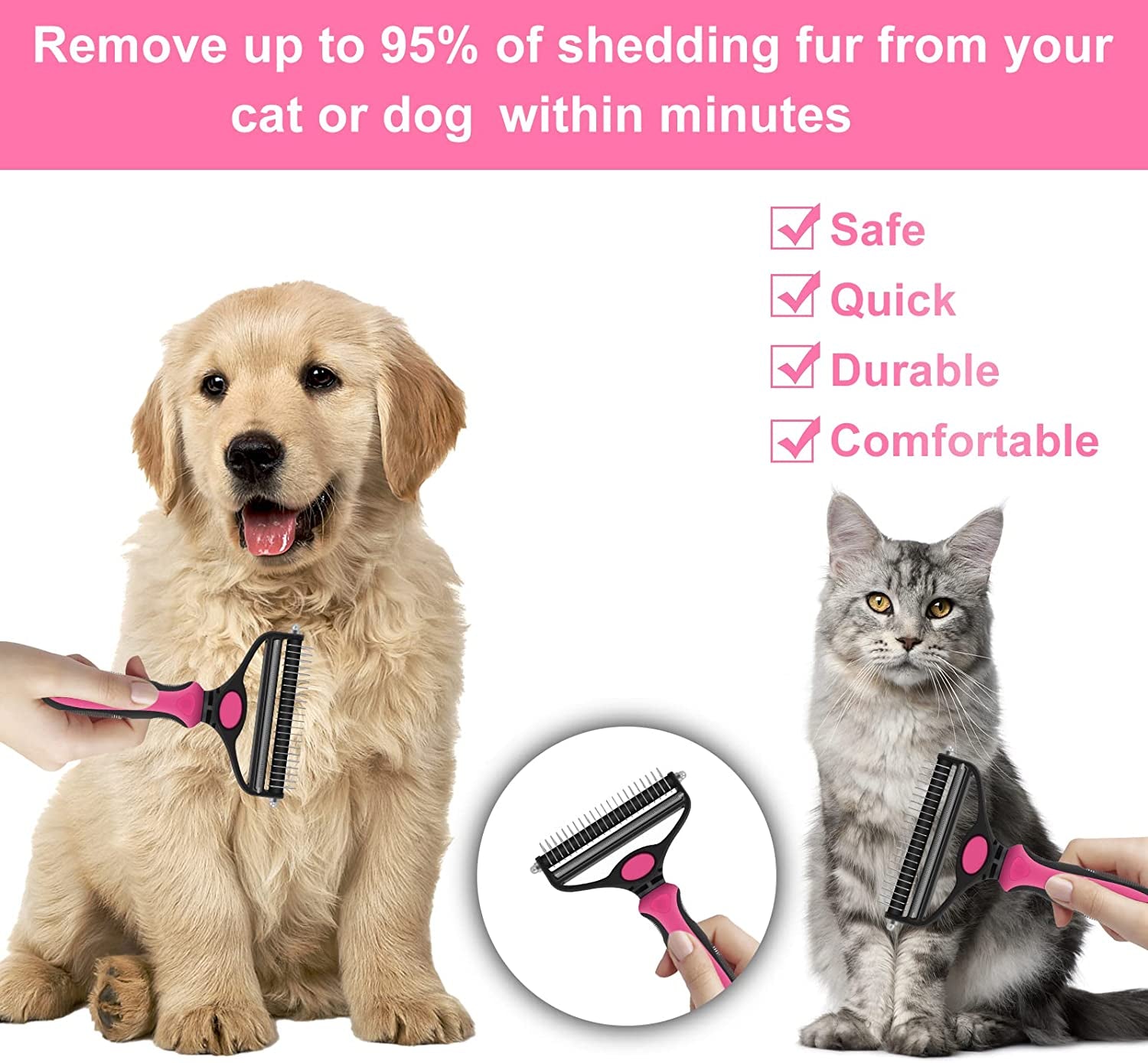 CGBE Dog Brush and Cat Brush, 2 in 1 Pet Undercoat Rake Grooming Tool for Deshedding, Mats & Tangles Removing, Shedding Brush and Dematting Comb for Large Small Dogs & Cats' Long & Short Hair Remover