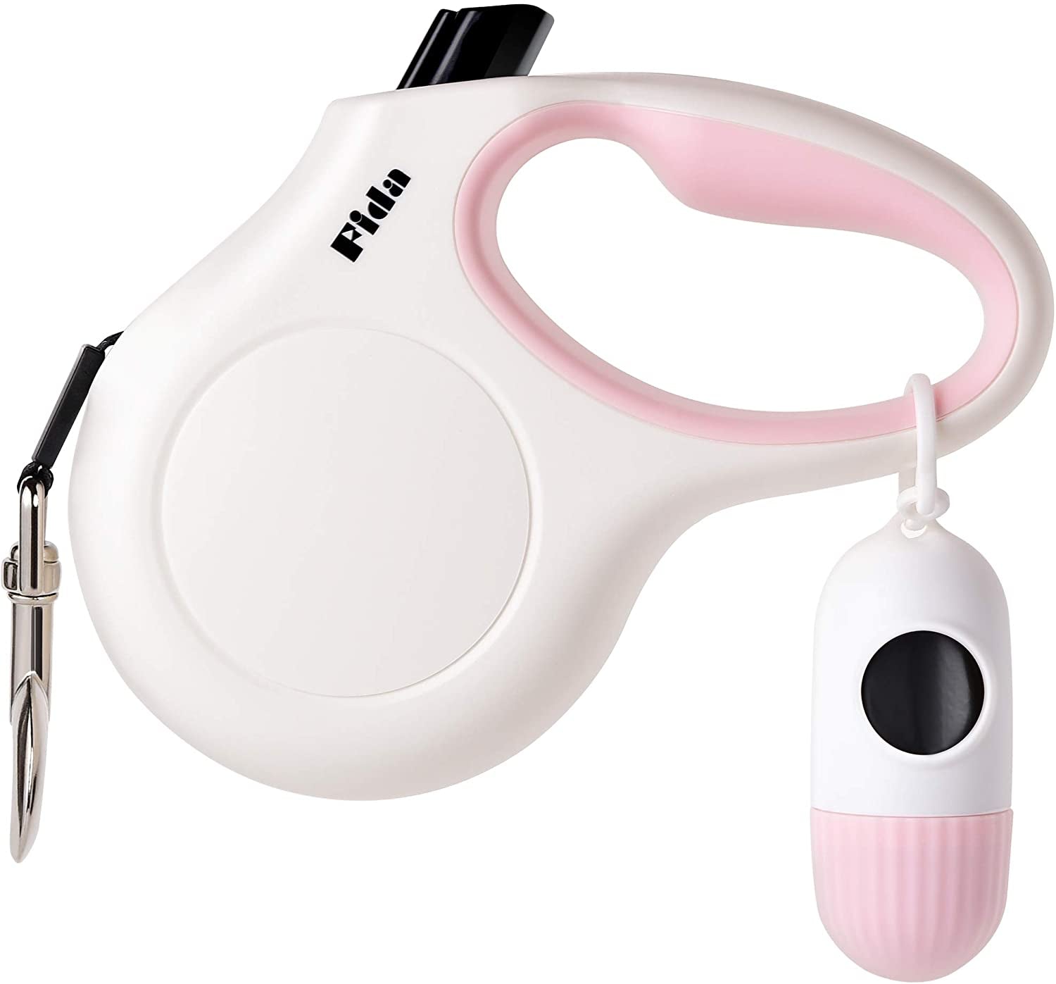 Fida Retractable Dog Leash with Dispenser and Poop Bags, 10 Ft Pet Walking Leash for X-Small Dog or Cat up to 18 Lbs, Anti-Slip Handle, Tangle Free, Reflective Nylon Tape (XS, White)