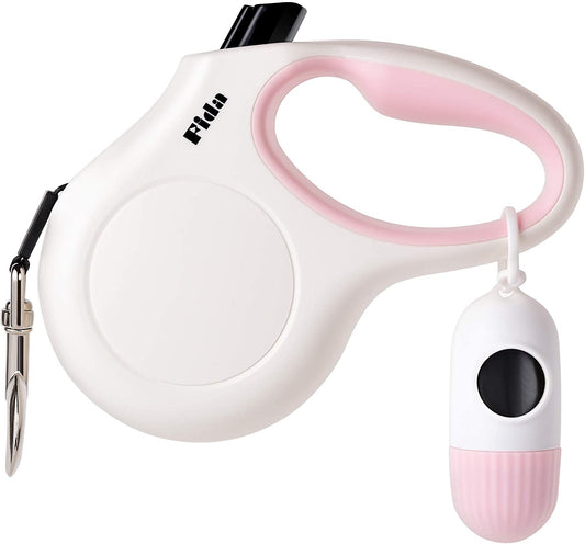Fida Retractable Dog Leash with Dispenser and Poop Bags, 10 Ft Pet Walking Leash for X-Small Dog or Cat up to 18 Lbs, Anti-Slip Handle, Tangle Free, Reflective Nylon Tape (XS, White)