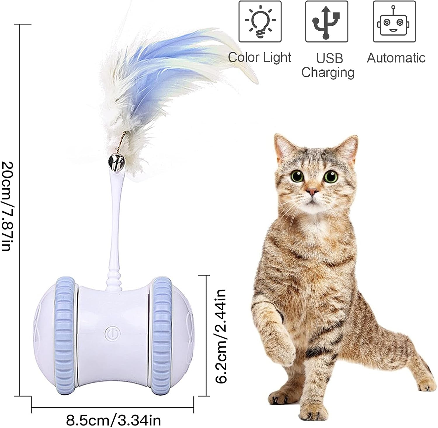 Automatic Cat Feather Toy, AMAMIA Interactive Indoor Electronic Irregular 360° Rotating Ball Rotating Cat Wheel Toys with LED Light, USB Rechargeable and Feather Replaceable (Blue)