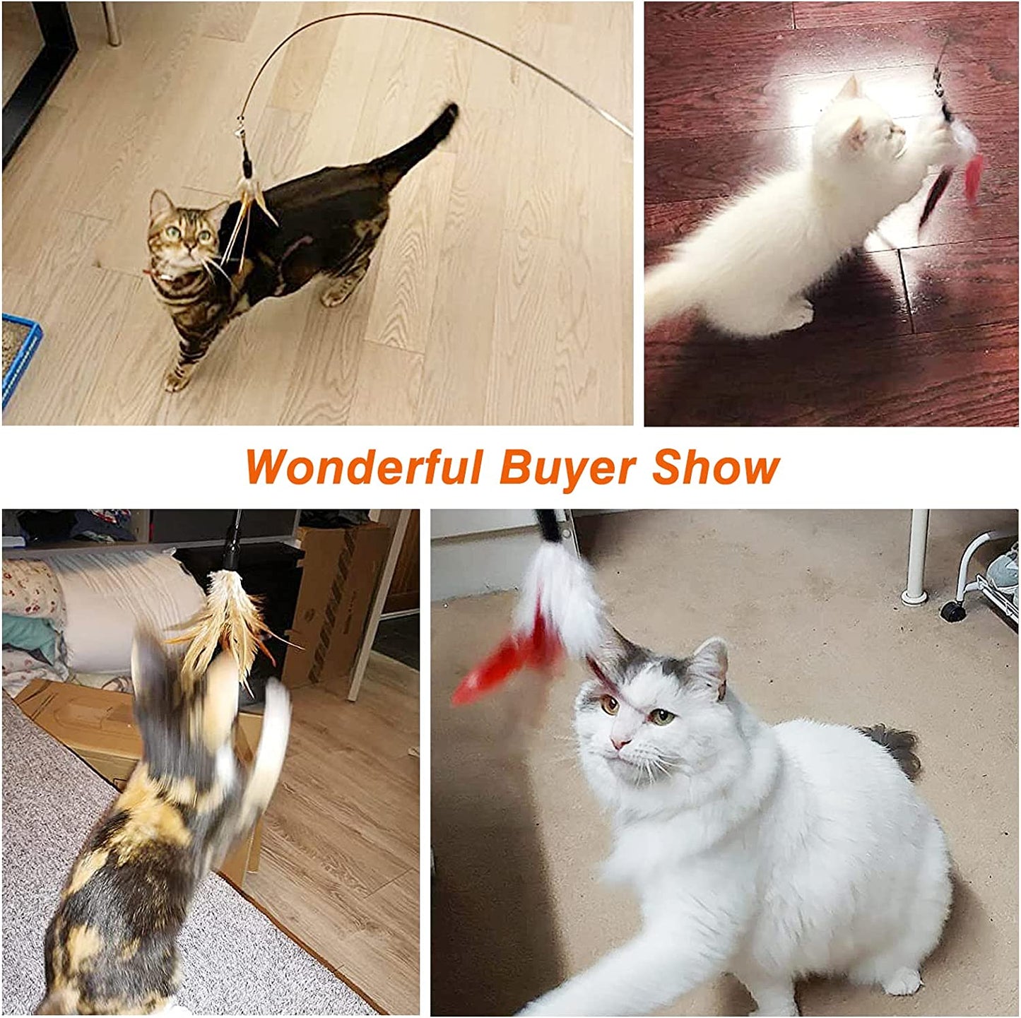 Pawaboo Feather Teaser Cat Toy - Interactive Wand with Extra Long 34.5" Wand and Small Bell, Fun Exerciser Playing Toy for Kittens or Cats, Brown Feather