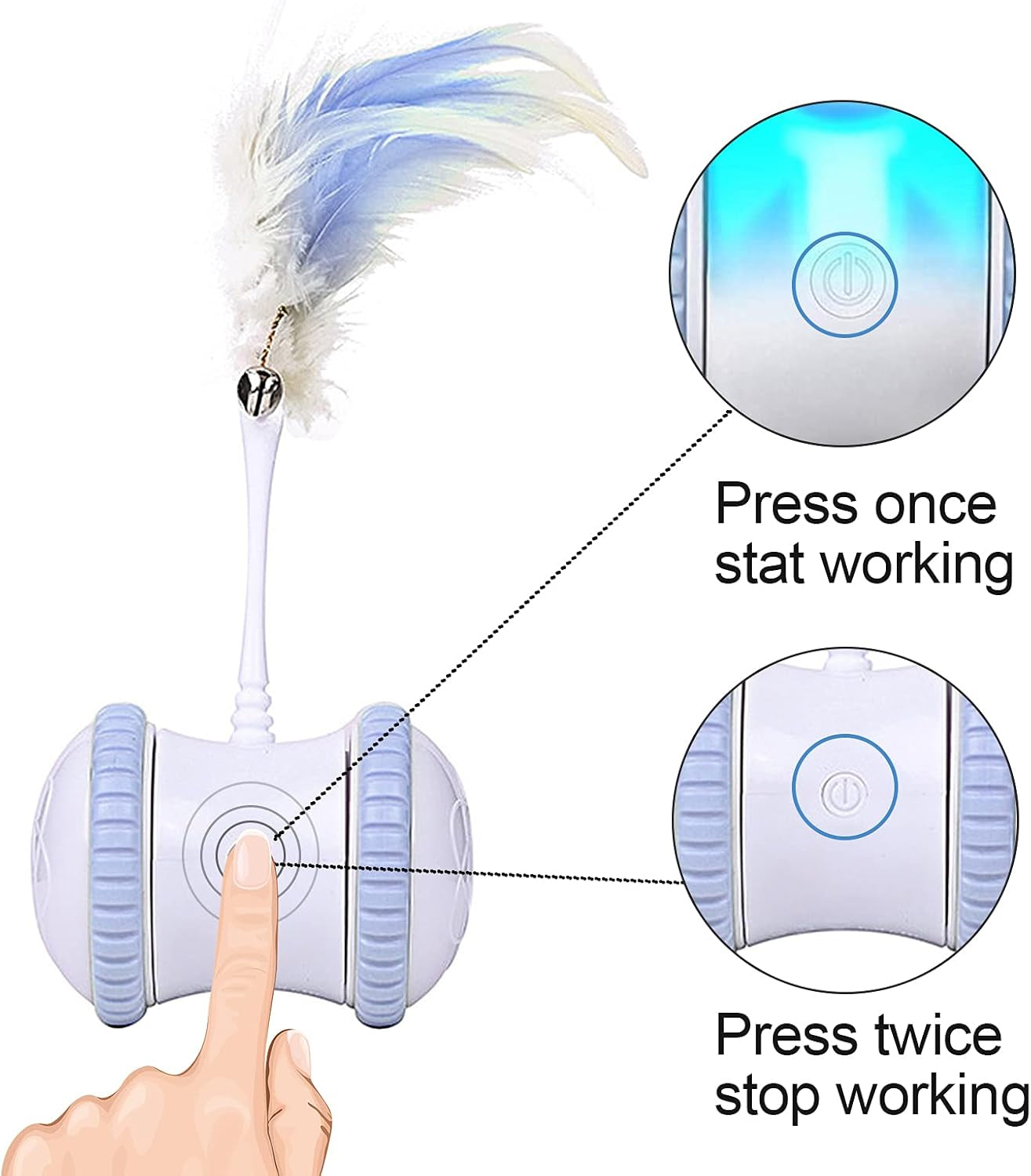 Automatic Cat Feather Toy, AMAMIA Interactive Indoor Electronic Irregular 360° Rotating Ball Rotating Cat Wheel Toys with LED Light, USB Rechargeable and Feather Replaceable (Blue)