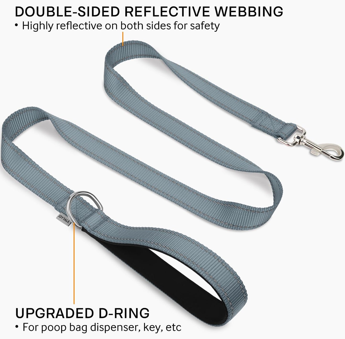 Joytale Double-Sided Reflective Dog Leash, 6 FT/5 FT/4 FT, Padded Handle Nylon Heavy Duty Leashes for Small & Medium Dogs Walking, Gray, 5FT