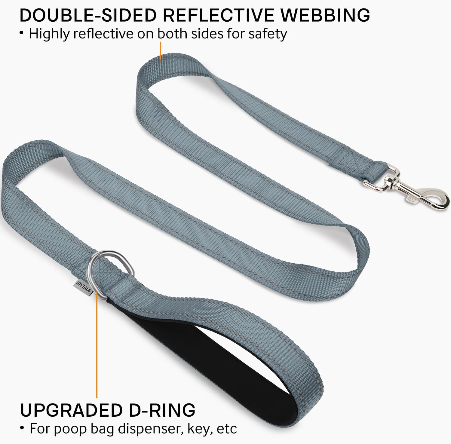 Joytale Double-Sided Reflective Dog Leash, 6 FT/5 FT/4 FT, Padded Handle Nylon Heavy Duty Leashes for Small & Medium Dogs Walking, Gray, 5FT