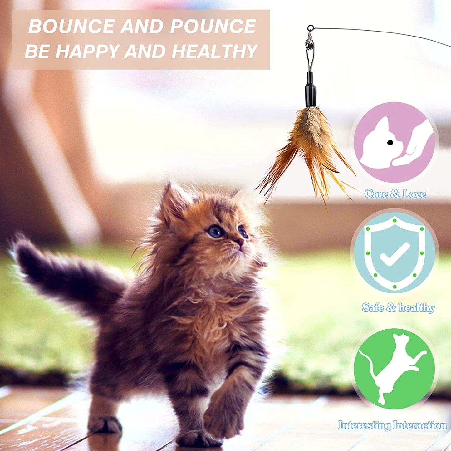 Pawaboo Feather Teaser Cat Toy - Interactive Wand with Extra Long 34.5" Wand and Small Bell, Fun Exerciser Playing Toy for Kittens or Cats, Brown Feather