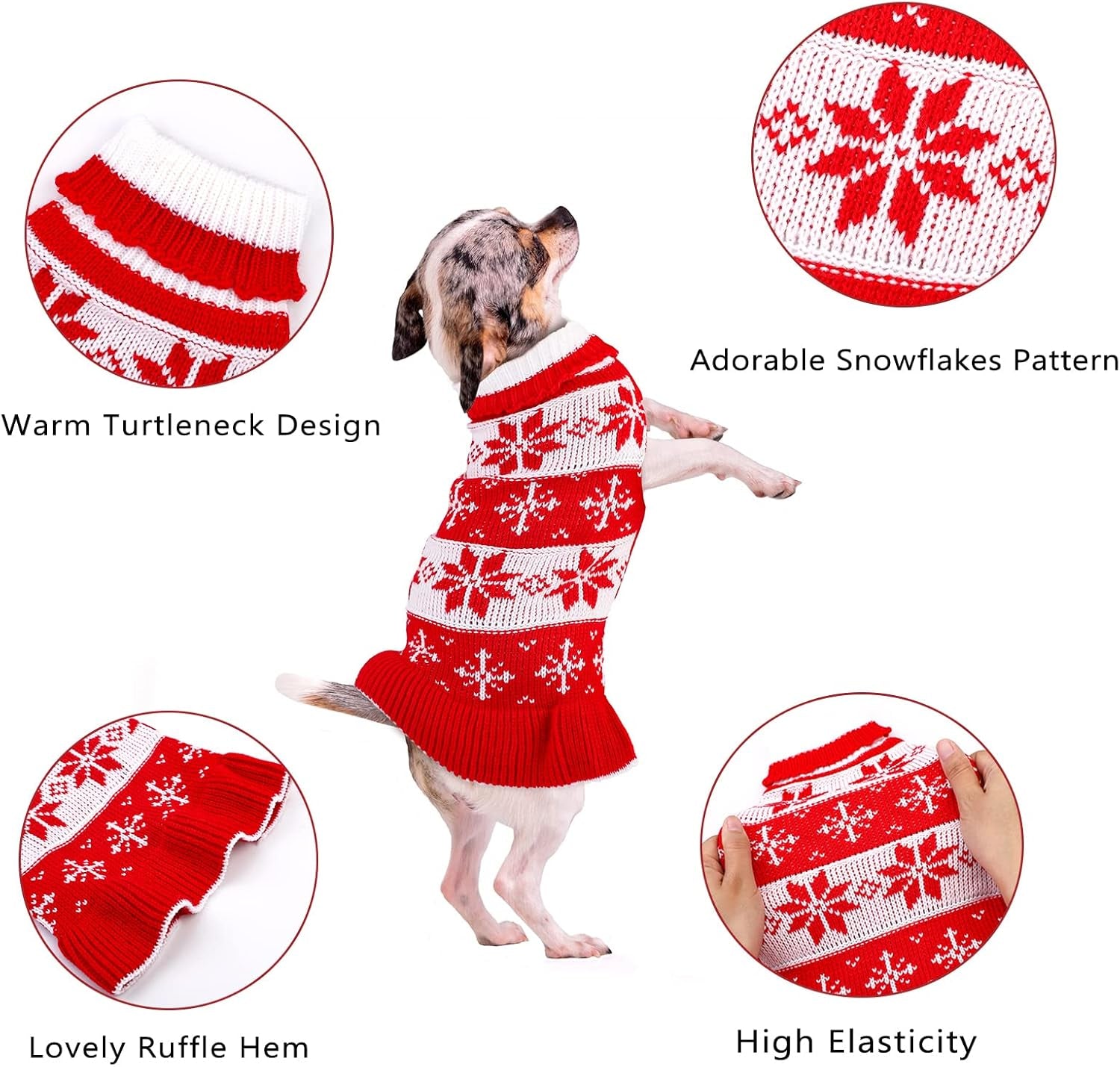 Pedgot 2 Pack Dog Christmas Dress Warm Dog Xmas Sweater Pet Christmas Clothes Stripes Dog Knit Sweater Dress Dog Winter Warm Pullover with Snowflakes and Christmas Flowers (M)