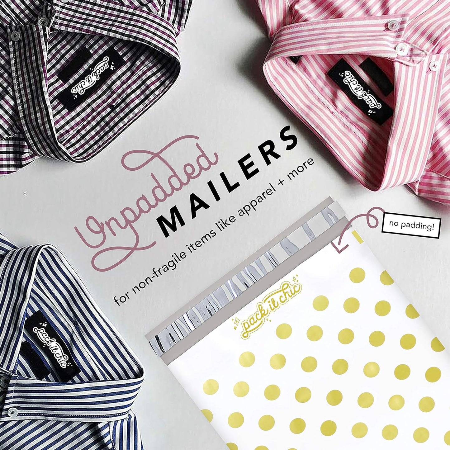 Pack It Chic - 10X13 (100 Pack) Gold Polka Dot Poly Mailer Envelope Plastic Custom Mailing & Shipping Bags - Self Seal
