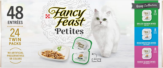 Purina Fancy Feast Gourmet Wet Cat Food Variety Pack, Petites Gravy Collection, Break-Apart Tubs, 48 Servings - (Pack of 24) 2.8 Oz. Tubs