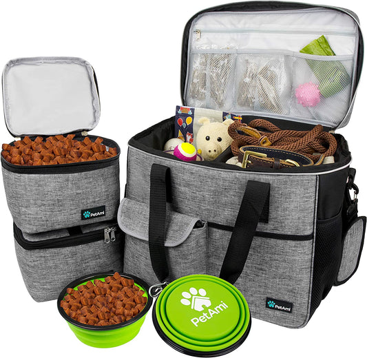 Petami Dog Travel Bag, Travel Pet Bag Organizer, Dog Food Travel Bag with Food Container and Bowls, Dog Travel Supplies Gift Accessories for Weekend Camping, Dog Cat Diaper Bag (Grey, Large)
