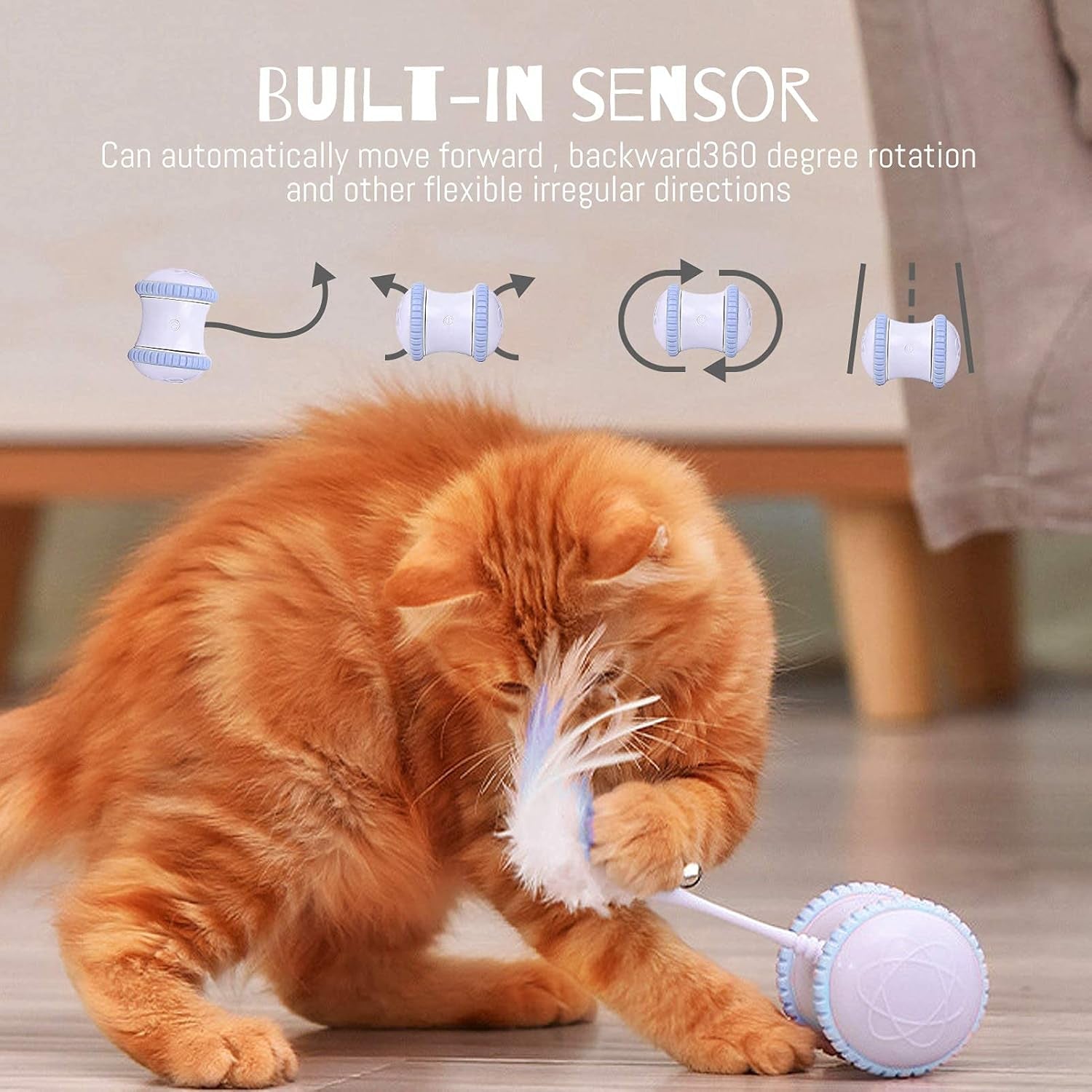 Automatic Cat Feather Toy, AMAMIA Interactive Indoor Electronic Irregular 360° Rotating Ball Rotating Cat Wheel Toys with LED Light, USB Rechargeable and Feather Replaceable (Blue)