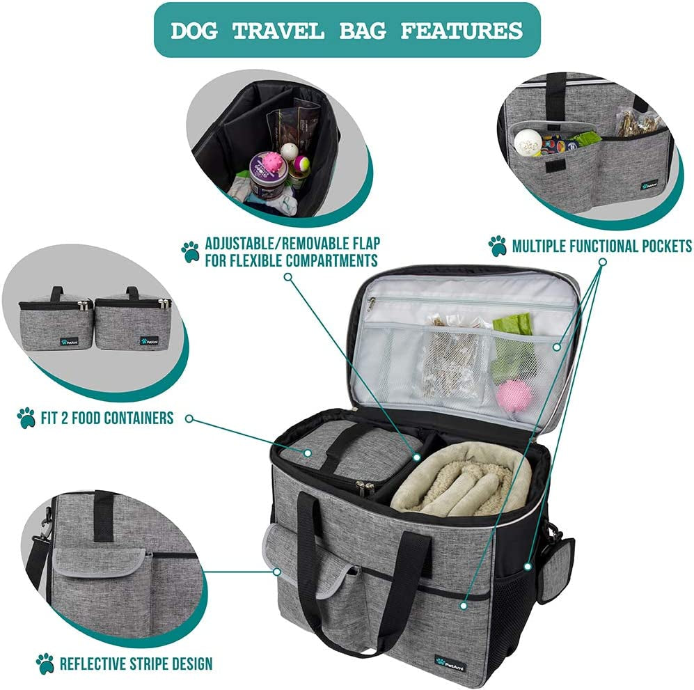 Petami Dog Travel Bag, Travel Pet Bag Organizer, Dog Food Travel Bag with Food Container and Bowls, Dog Travel Supplies Gift Accessories for Weekend Camping, Dog Cat Diaper Bag (Grey, Large)