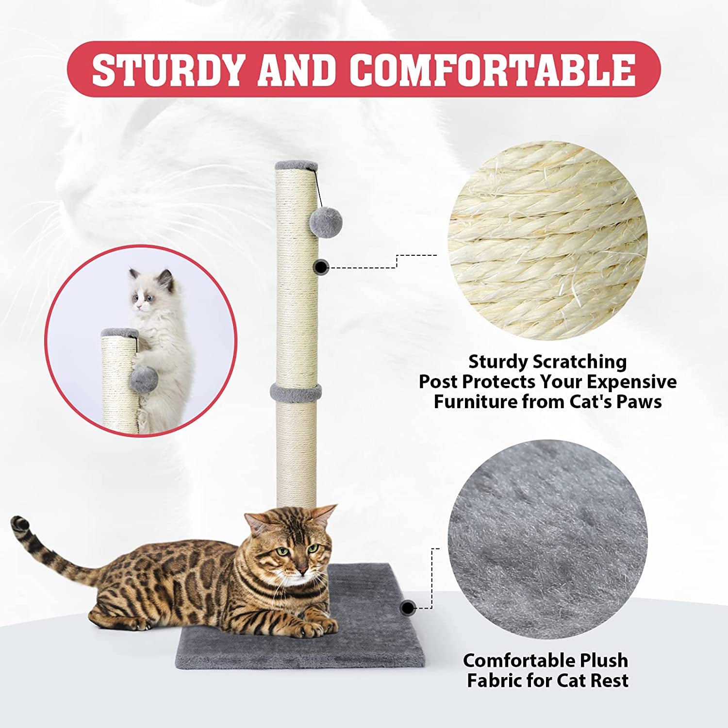 Petellow 31'' Tall Cat Scratching Post - Cat Claw Scratcher with Hanging Ball - Scratching Posts for Indoor Large Cats - Durable Stable Cat Furniture with Sisal Rope - Cat Scratch Post-Grey