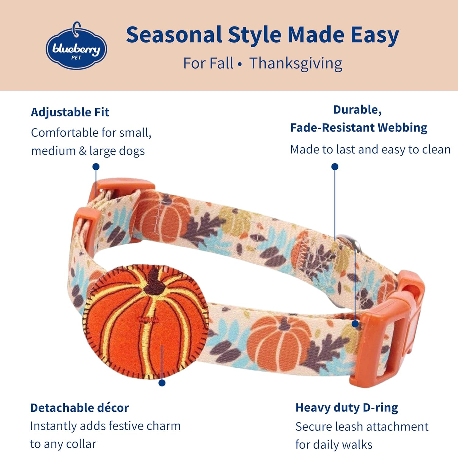 Blueberry Pet Thanksgiving Dog Collar - Adjustable Fall Pumpkin Puppy Collar for Small Dogs, Medium 14.5"-20" - Perfect for Holiday Enthusiasts & Family Photos - Seasonal Dog Collars