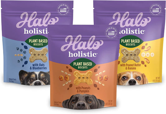 Halo Holistic Vegan Dog Treats Variety Pack, Plant-Based Three Bag Treat Pack with Oats & Blueberries, Peanut Butter & Banana, Peanuts & Pumpkin, 8 Oz Bag(Pack of 3)
