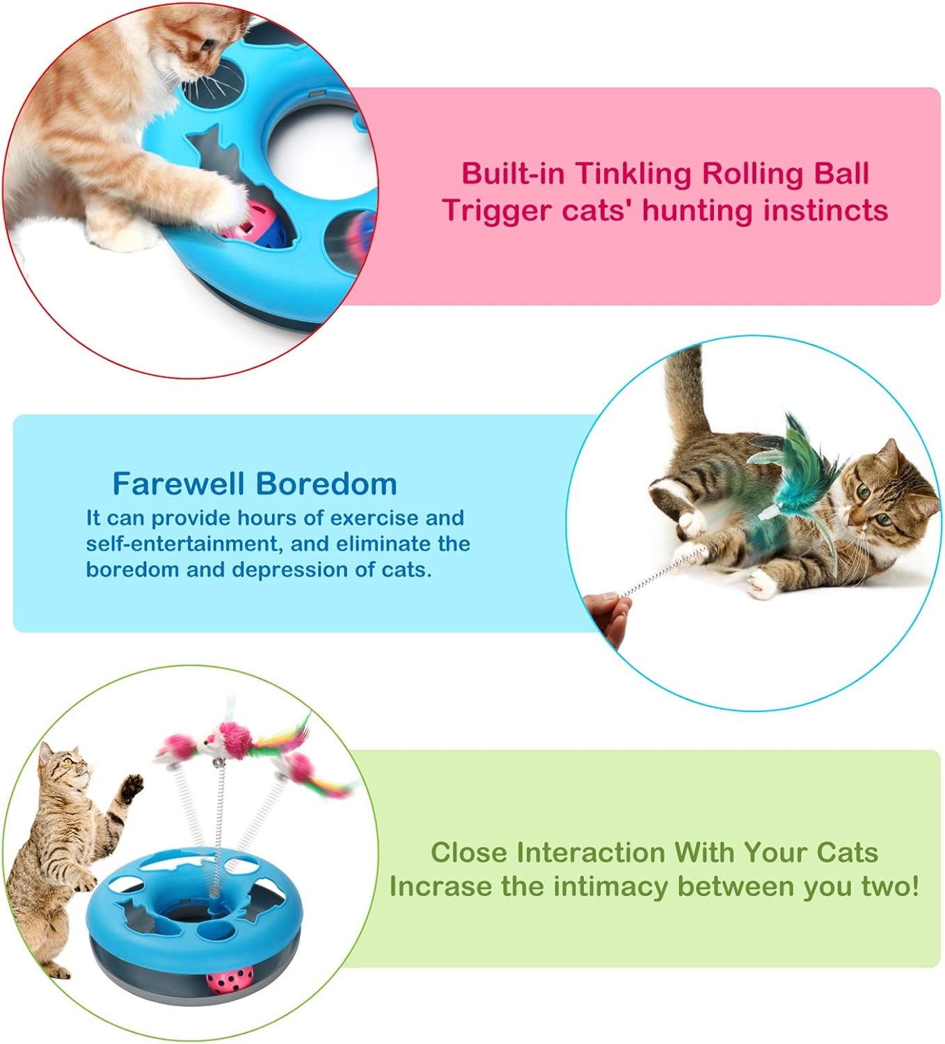 Kangna 3 in 1 Cat Toys, Cat Toys for Indoor Cats, Spring Pet Toy with Exercise Balls Teaser Mouse, Interactive Cat Toy with 5 Removable Spring Replacements - Blue