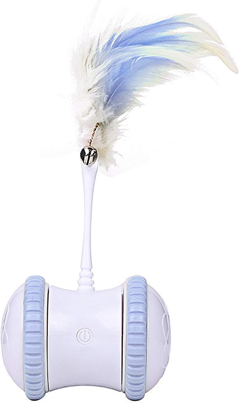 Automatic Cat Feather Toy, AMAMIA Interactive Indoor Electronic Irregular 360° Rotating Ball Rotating Cat Wheel Toys with LED Light, USB Rechargeable and Feather Replaceable (Blue)