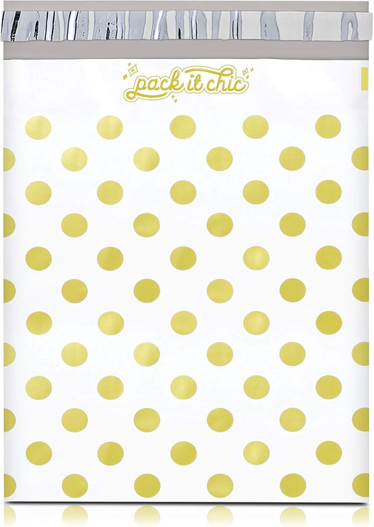 Pack It Chic - 10X13 (100 Pack) Gold Polka Dot Poly Mailer Envelope Plastic Custom Mailing & Shipping Bags - Self Seal