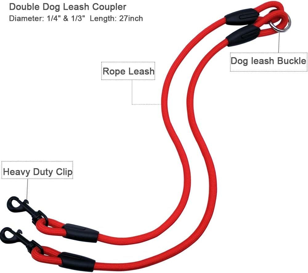 Maypaw Double Dog Leash, Rope 2 Dog Dual Leash 360° Swivel No Tangle Coupler 2 Dogs Leash
