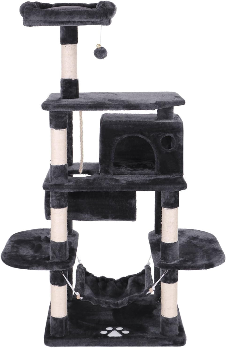 BEWISHOME Cat Tree Condo Furniture Kitten Activity Tower Pet Kitty Play House Playground with Sisal Scratching Posts Perch Hammock Tunnel Grey MMJ02H