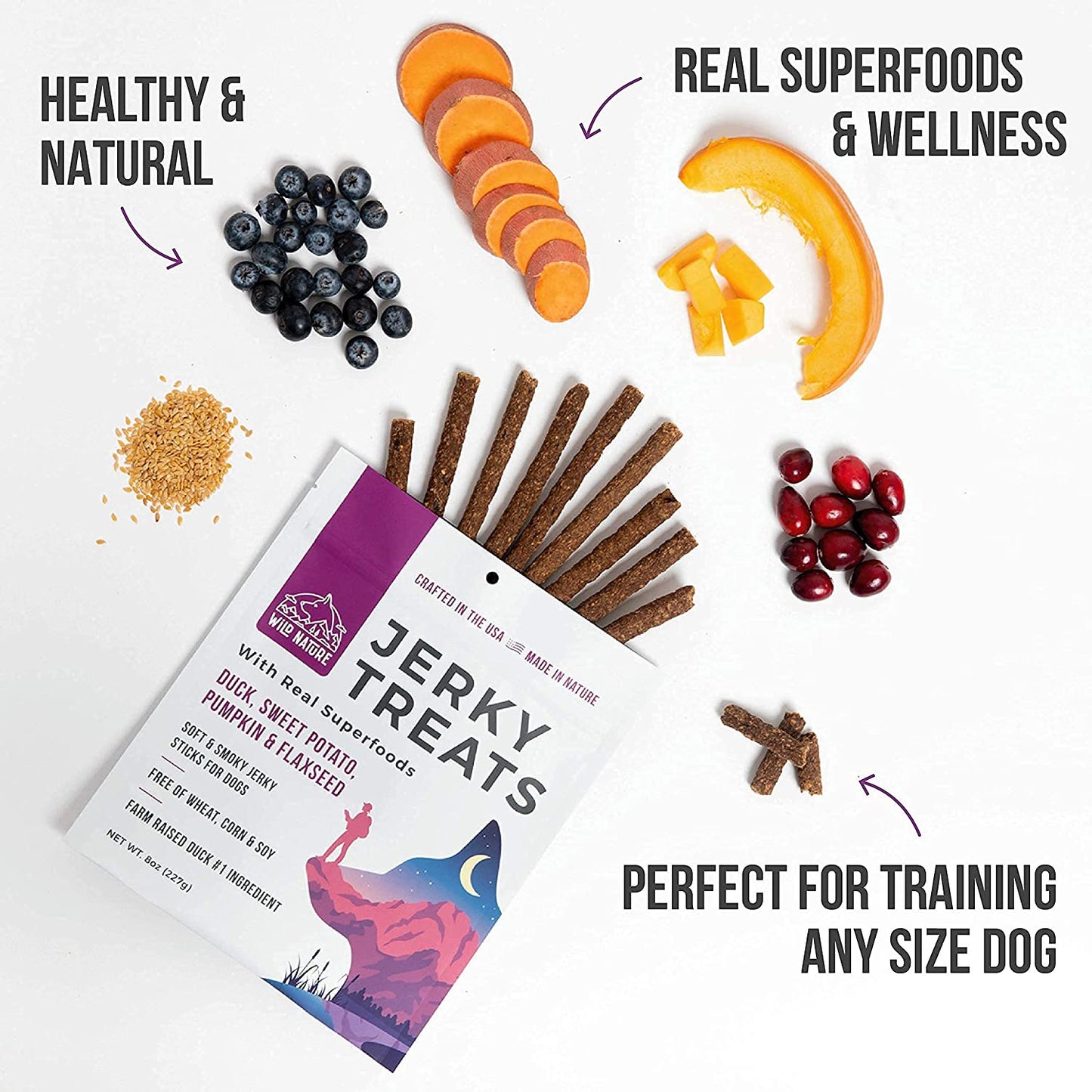WILD NATURE Duck Jerky Dog Treats | Healthy, All-Natural Duck Jerky Sticks Made in the USA Only | High Protein, Soft Chew Dog Jerky Treats | Grain Free Superfoods | Perfect Duck Dog Training Treats